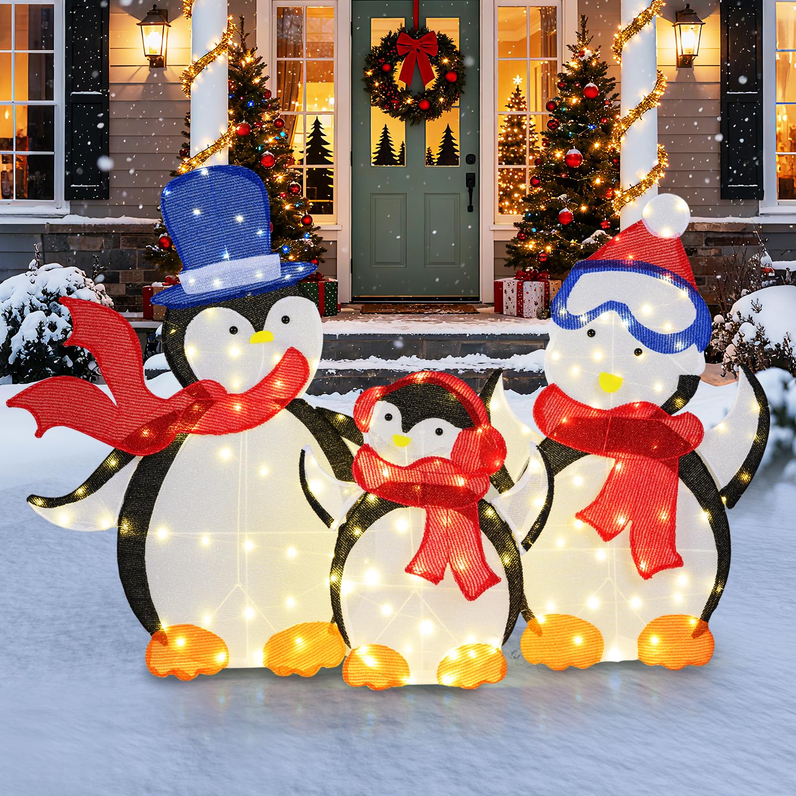COSTWAY 3 teilige LED Pinguin Familie, beleuchtete Weihnachtsdeko mit 160 warmweißen LED-Lichtern & Schals, Weihnachtsfiguren XXL Outdoor, Weihnachtsbeleuchtung, Weihnachtsdekoration für Außen & Innen