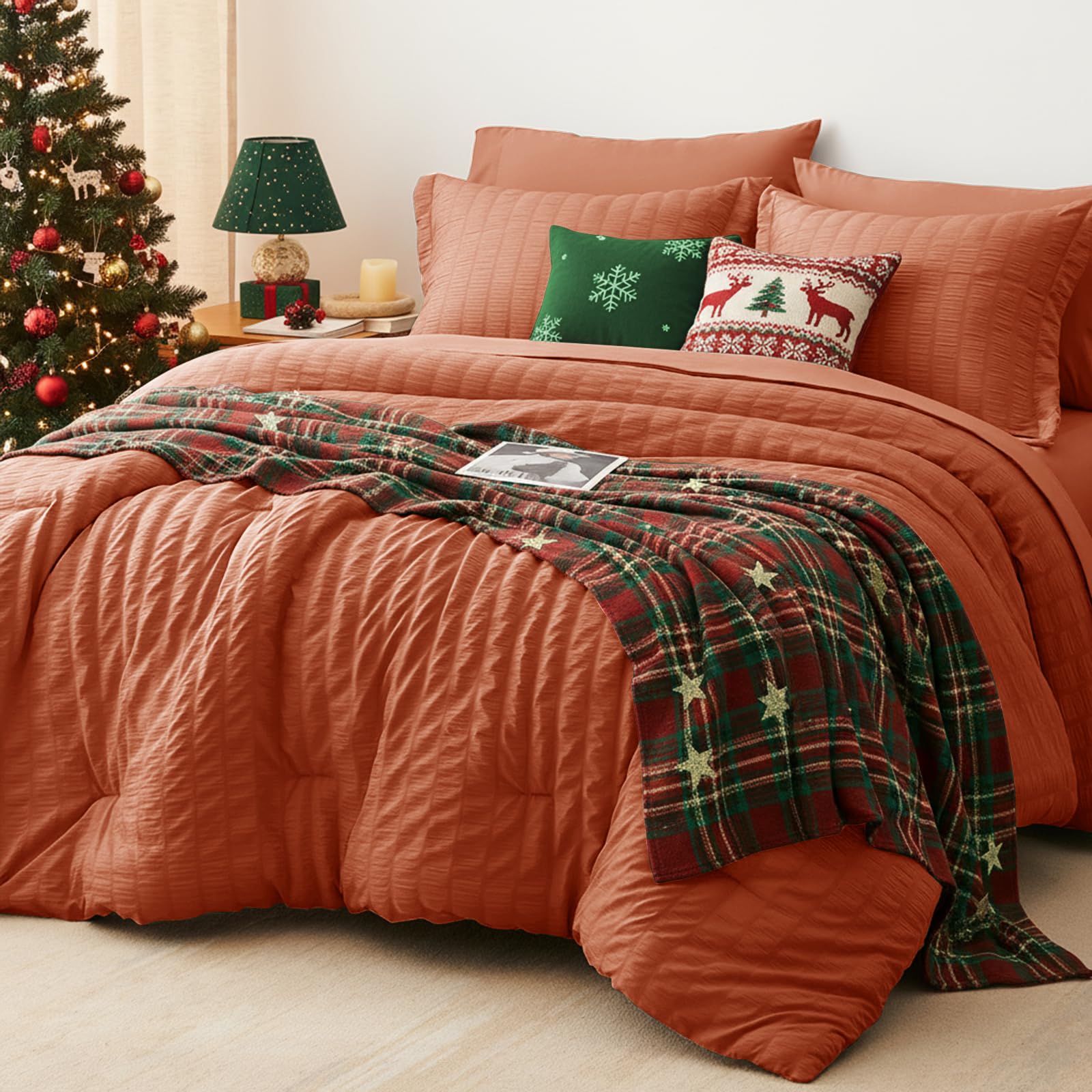 CozyLux Queen Seersucker Comforter Set with Burnt Orange Bed in a Bag 7-Piece All Season Bedding Set with Comforter, Pillow Sham, Flat Sheet, Fitted Sheet, Pillowcase