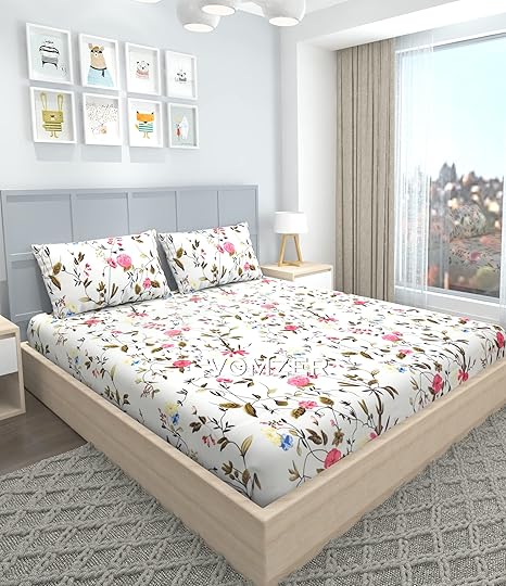 VOMZER - Home 200 TC Elastic Fitted Double King Size Bed Cotton Bedsheets with 2 Pillow Covers - King Size 78