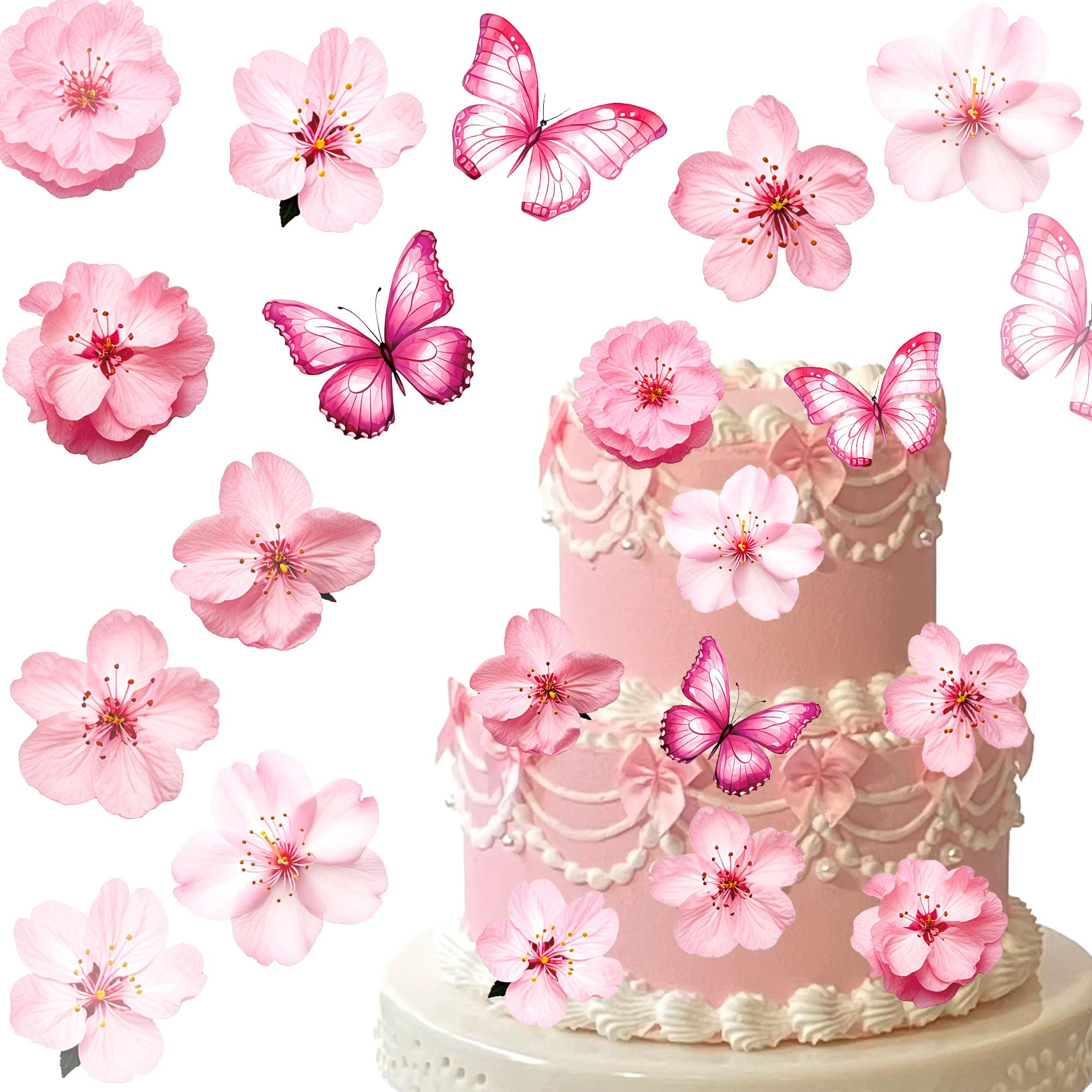 Gyufise 54Pcs Edible Flowers Butterfly Cake Topper Cupcake Toppers Wafer Paper Wedding Themed Party Birthday Party Decoration Supplies Light Pink