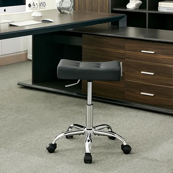 FIRAVOE Office Stool with Wheels (300lbs Capacity) (Adjustable Height 17-21 inch) Black Faux Leather Workbench Stool (Black)