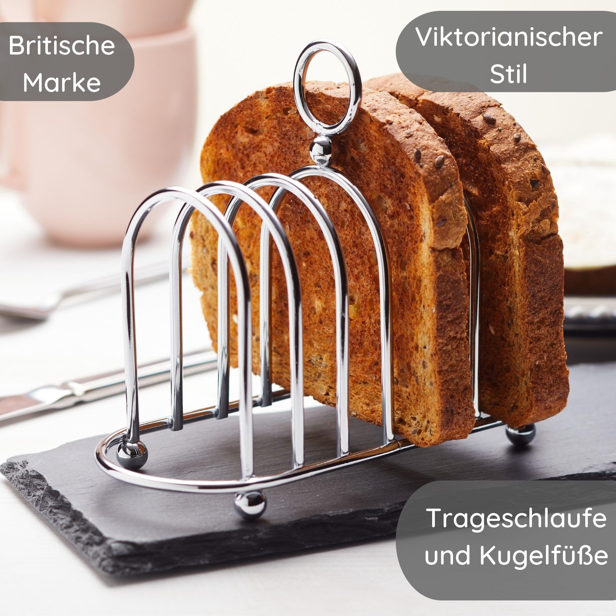 Viktorianischer Toastständer aus Chrom von Muldale – Vintage Edelstahl Toastständer mit Kugelfüßen für 6 Scheiben – Inklusive Tragegriff und Toasthalter – Robust und gehärtet | Kugelfüße – Ständer mit Tragegriff – stabil und gehärtet – 1,4 cm breiter Spal