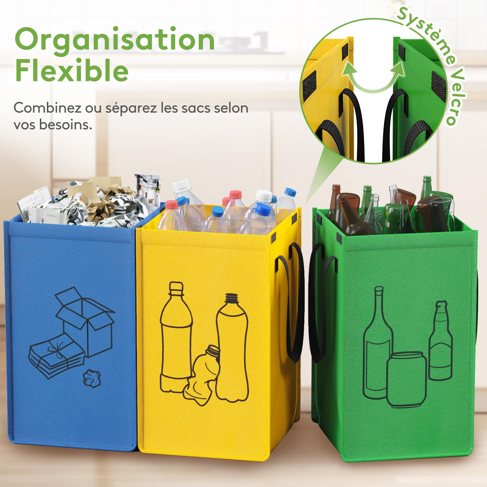 Lifewit Lot de 3 Sacs Tri Sélectif, Poubelles Recyclage 3 Couleurs, 45 L