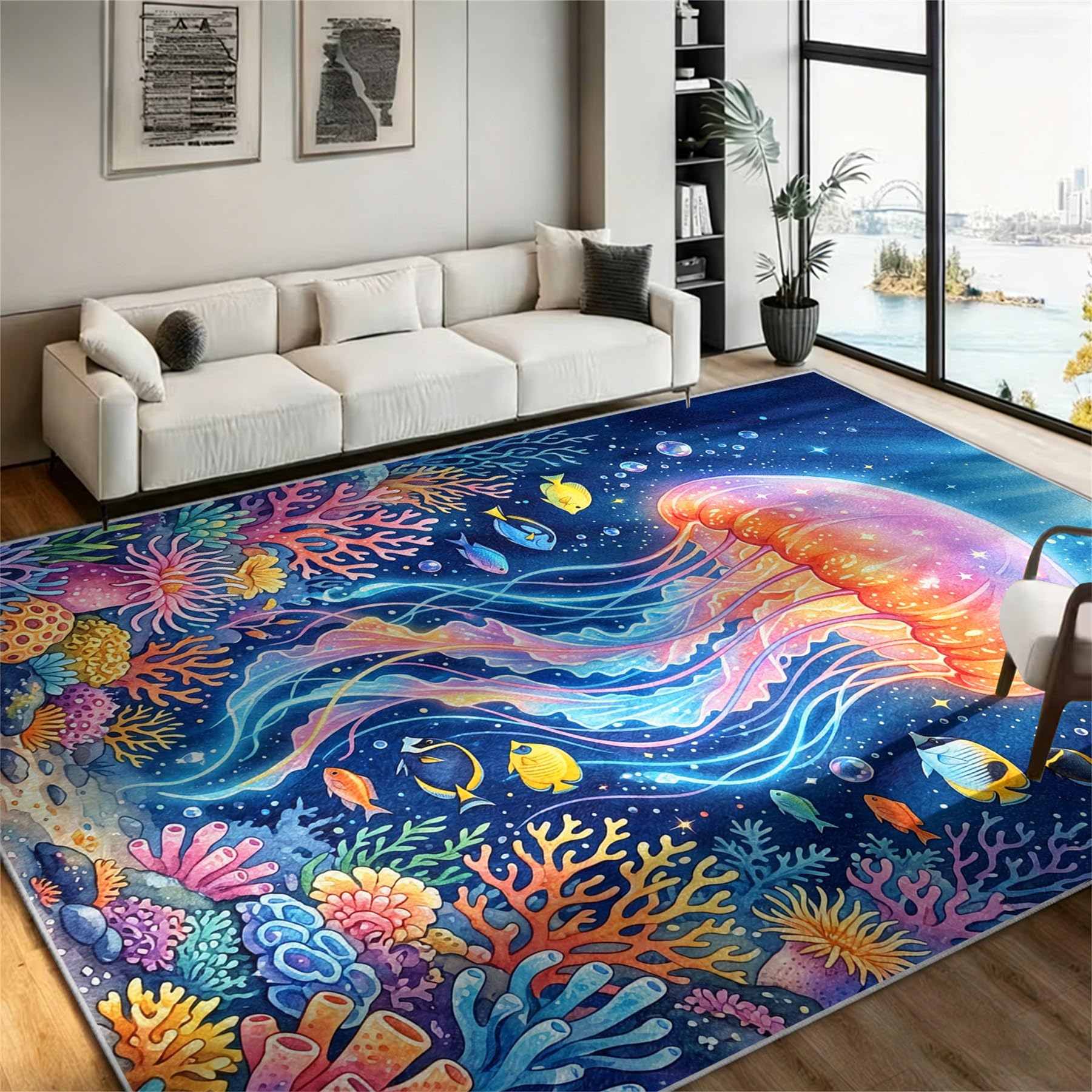 YJDRUG Deep Blue Ocean Carpet 180x300cm, Sea Life Shell & Seahorse Area Rug, Soft Non-Slip Floor Mat, Easy Clean Washable Rug for Home Office Lounge
