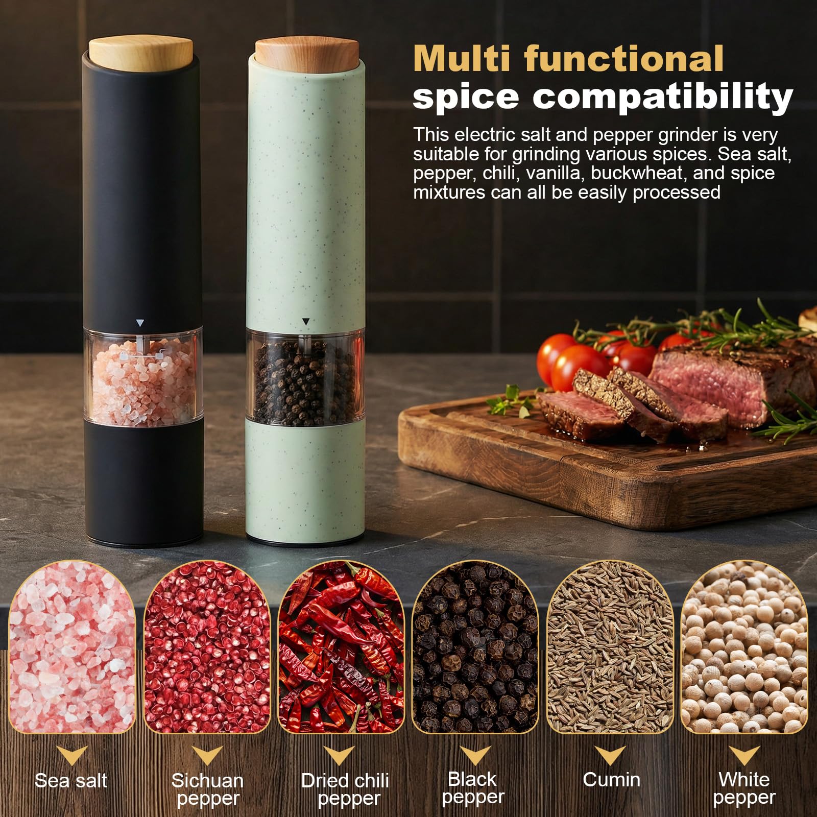 2 Pezzi Macina Sale e Pepe,Macina pepe elettrico,Macina sale elettrico,Elettrico a Batteria Macinaspezie,Rugosità regolabile,Luce LED,Nucleo macinante in ceramica,Perfetto per cucina (Verde)