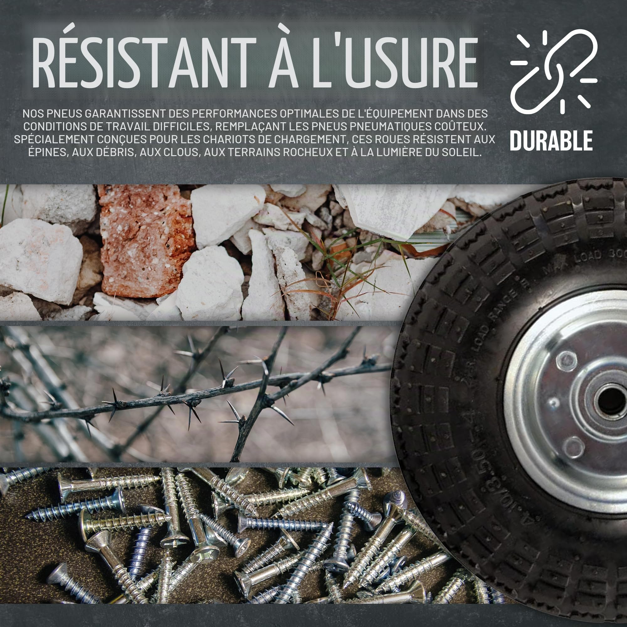 2 roues de remplacement pour brouette, diable ou chariot à main avec pneu noir 10 pouces (260 x 85 mm)