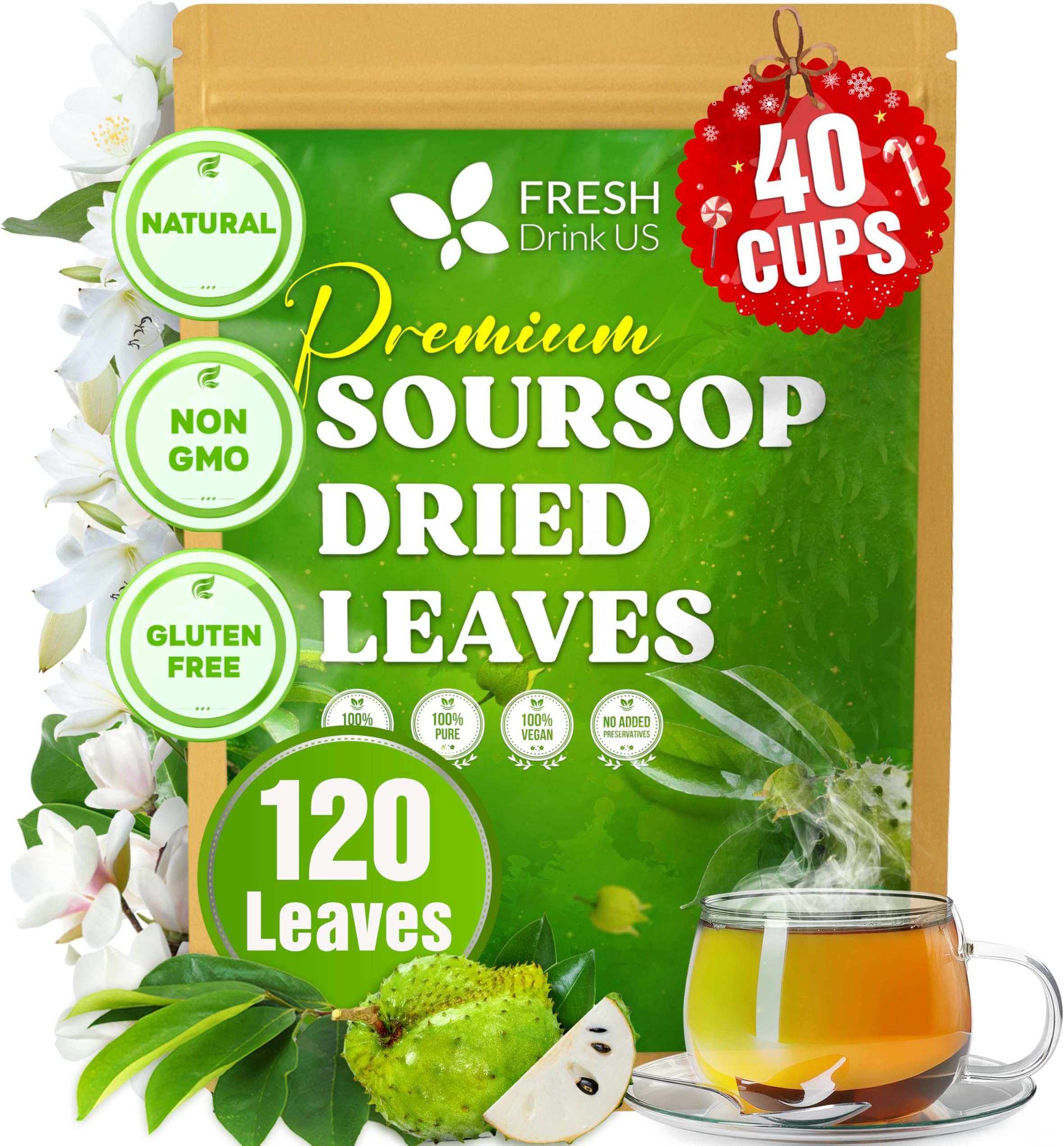 FreshDrinkUS, 120+ Premium Soursop Graviola Dried Leaves Tea, 40 Cups, 120-130 Natural Leaves, Whole Leaves, Wildcrafted, Graviola, Hoja Guanabana, Soursop Loose Leaf Herbal Tea, No Gluten, Vegan