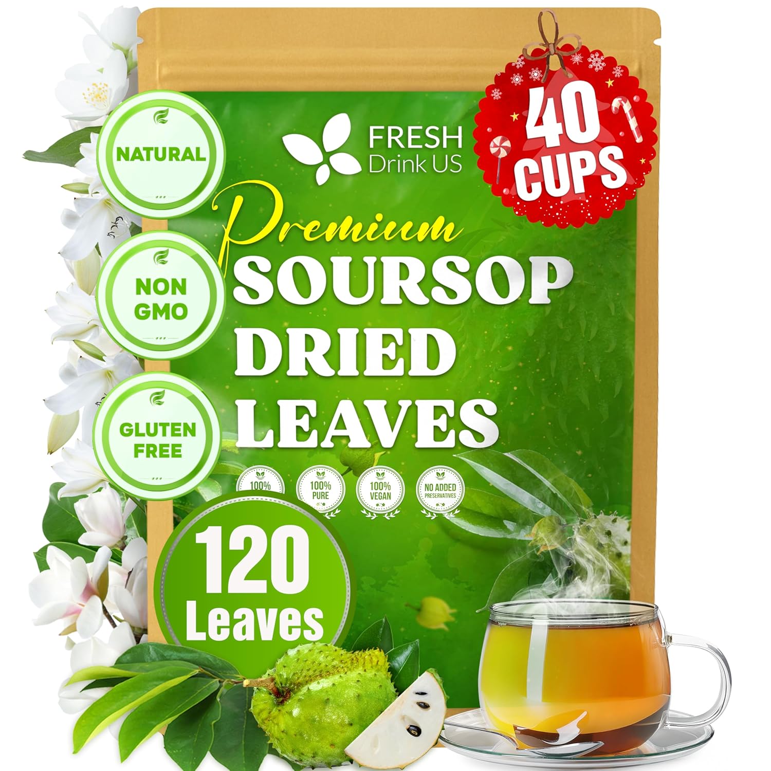 FreshDrinkUS, 120+ Premium Soursop Graviola Dried Leaves Tea, 40 Cups, 120-130 Natural Leaves, Whole Leaves, Wildcrafted, Graviola, Hoja Guanabana, Soursop Loose Leaf Herbal Tea, No Gluten, Vegan