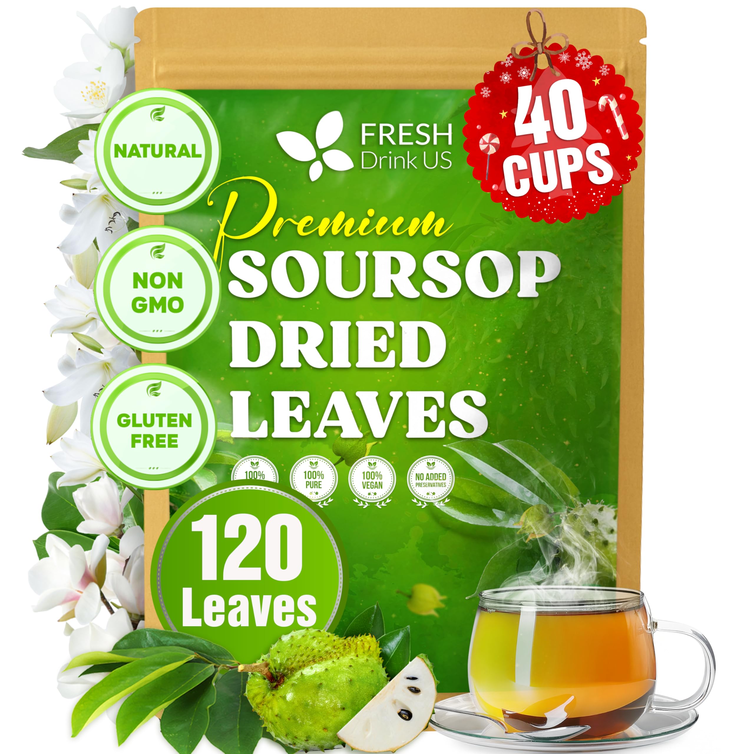 FRESHDRINKUS 120+ Premium Soursop Graviola Dried Leaves, 120-130 Natural Leaves, Whole Soursop Leaves, Wildcrafted, Graviola, Soursop, Hoja Guanabana, Soursop Loose Leaf Herbal Tea, No Gluten, Vegan