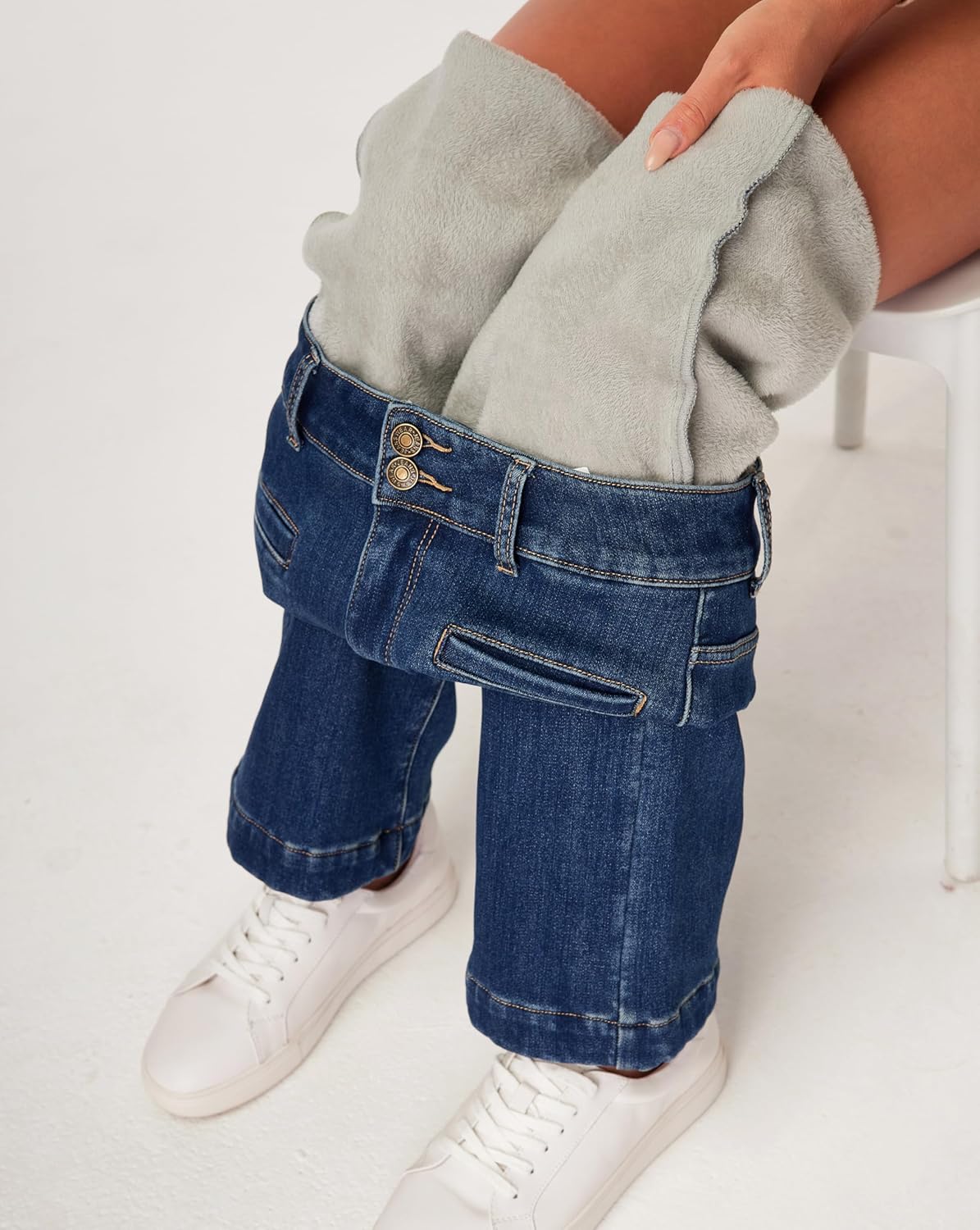 heipeiwa Women's Fleece Lined Jeans Wide Straight Leg Winter Jeans High Waisted Thermal Flannel Lined Jean Denim Pants