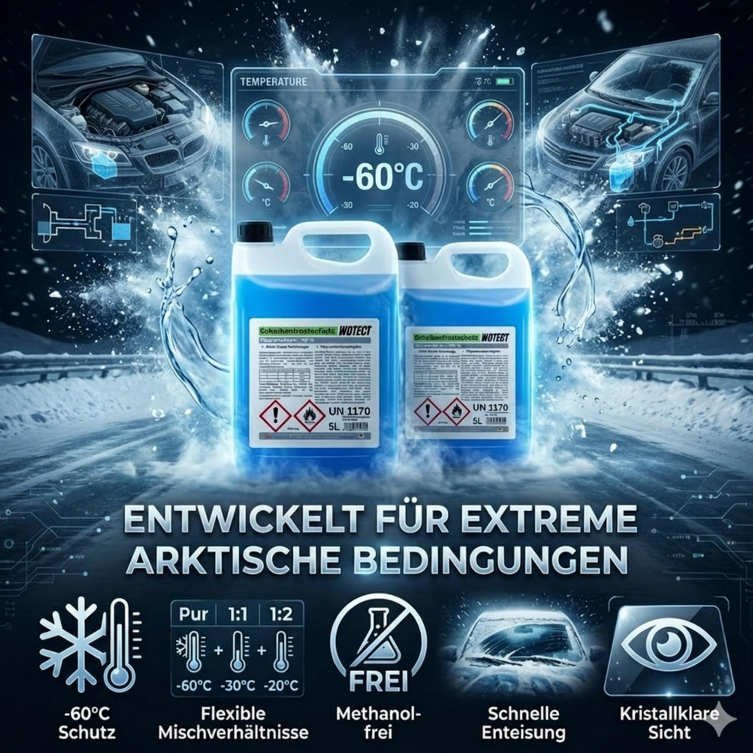 WOTECT 20L Scheibenfrostschutz Konzentrat bis -60°C – Winterscheibenreiniger Citrus Methanolfrei – Frostschutzmittel für die Auto Scheibenwaschanlage – Schnelles Enteisen & Klarsicht