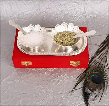 The Weston Choice German Silver Bowl Set Lotus Flower Shape | 5pcs Set | Silver, Red Velvet Box | Best for Diwali Gift, Corporate Gift,
