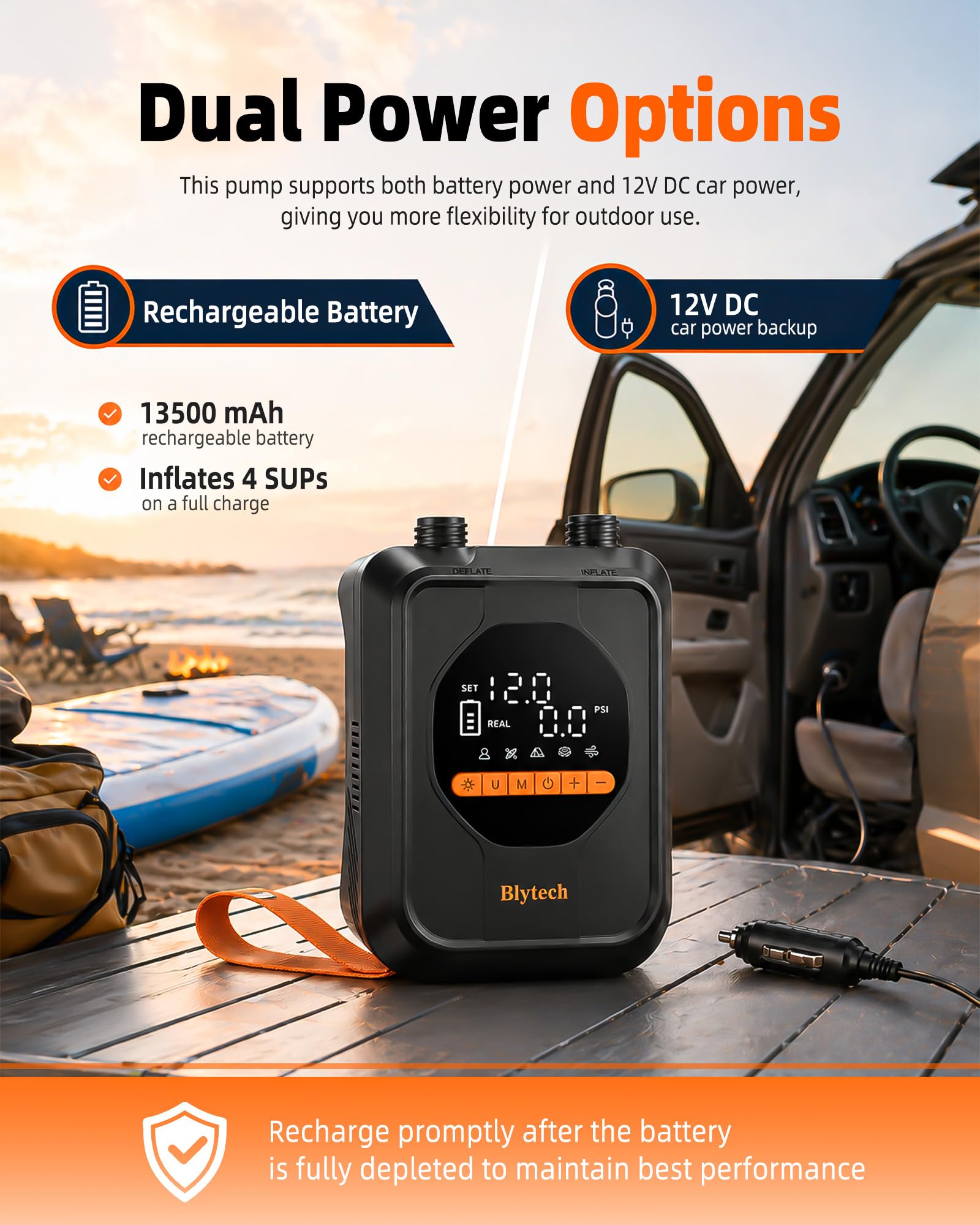 Gonfleur Paddle Electrique 20 PSI avec Batterie Rechargeable 13500 mAh,Pompe Electrique Paddle Portable,Gonflage et Dégonflage Rapides,7 Embouts pour Kayak,Tente,Bateau,Articles Gonflables