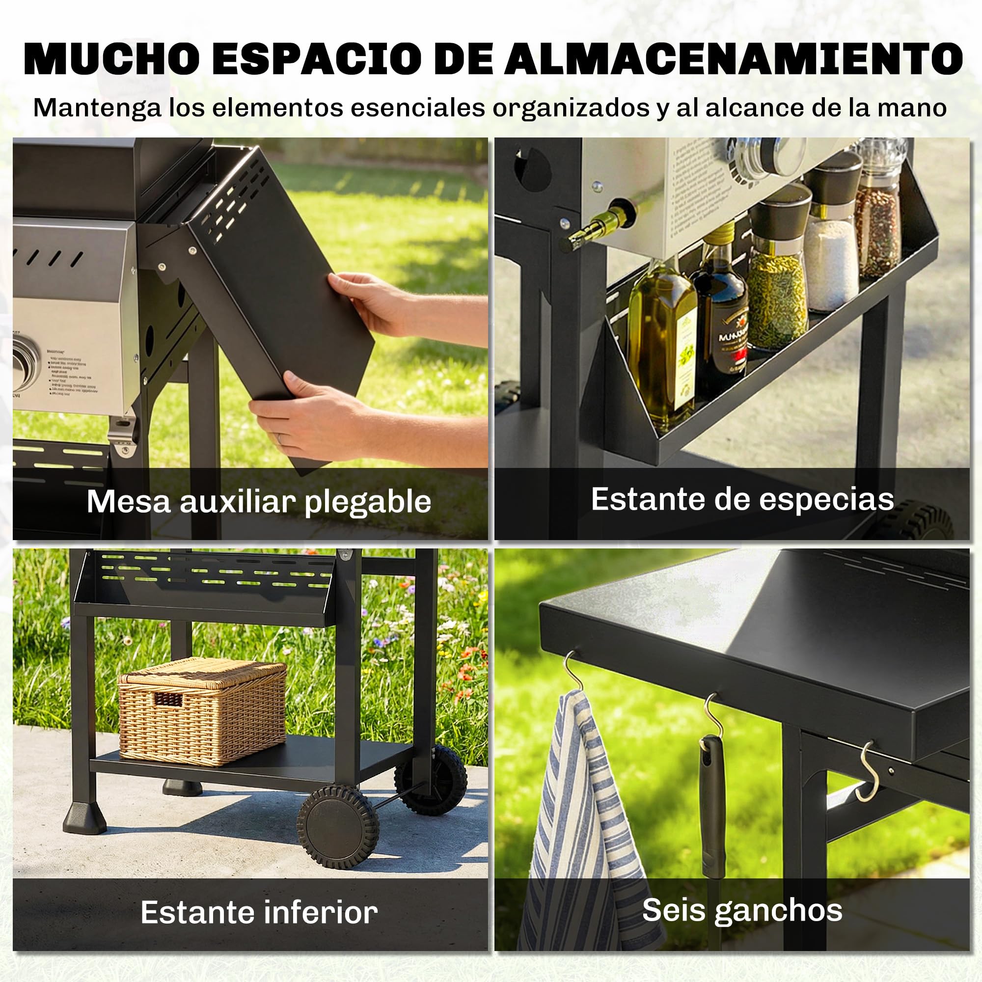 Outsunny Barbacoa de Gas BBQ Gas con 3 Quemadores 9 kW Barbacoa Portátil con Termómetro Mesas Laterales Plegables Estante Rejilla Calentadora Especiero Parrilla Recogedor Grasa 2 Ruedas Ganchos Negro