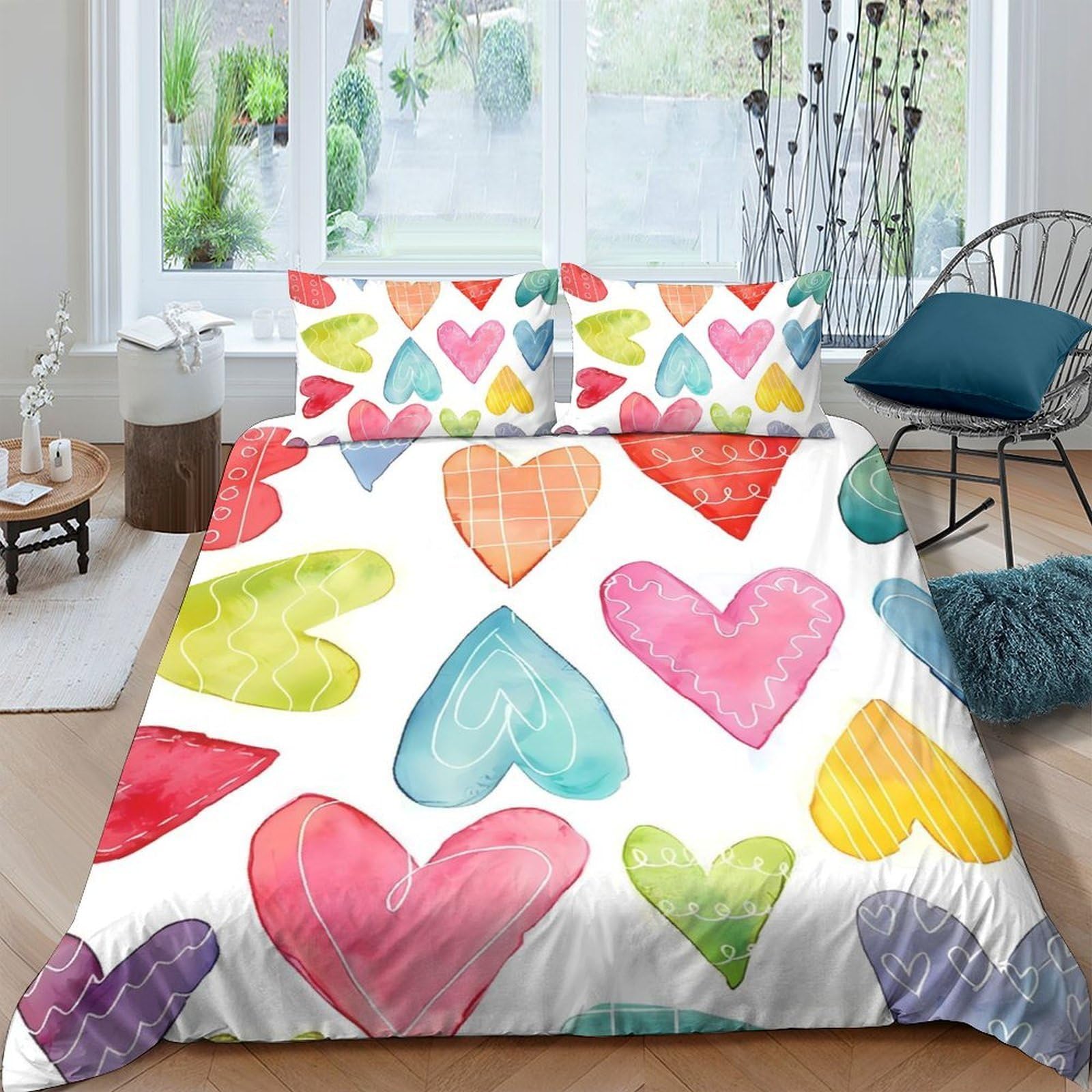 TUFRTGYHN 3D Printed Watercolor Heart Duvet Cover Microfiber Soft Breathable Rainbow Love Quilt Cover Set with 2 Pillowcases for Bedroom Decor Single（135x200cm）