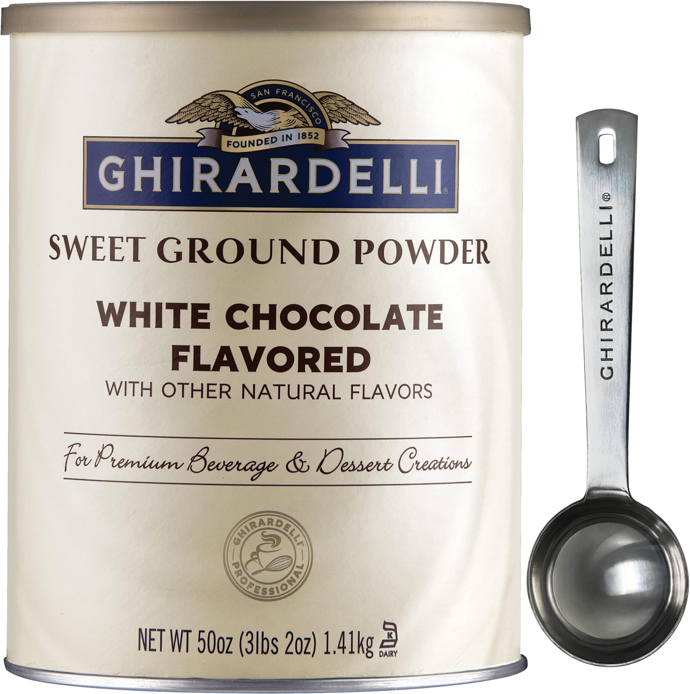 Ghirardelli Chocolate Company Sweet Ground White Chocolate Gourmet Flavored Powder 3.12 lb with Ghirardelli Stamped Barista Spoon
