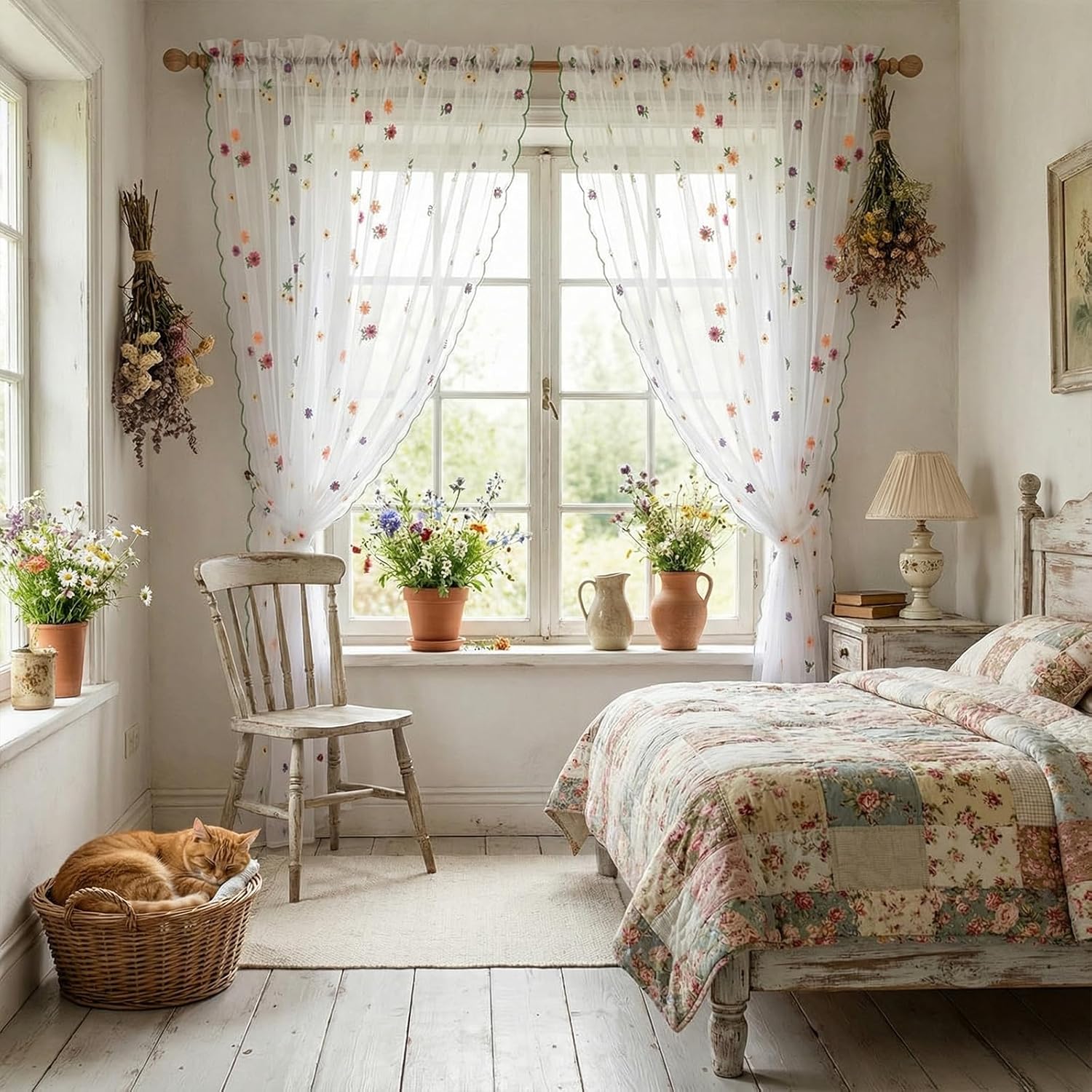 Gilprop White Embroidery Daisy Sheer Curtains 96 Inches Long, Rod Pocket Sheer Drapes for Living Room Bedroom, 2 Panels, 52" W x 96" L, Country Rustic Embroidered Florals Tulle Window Curtains