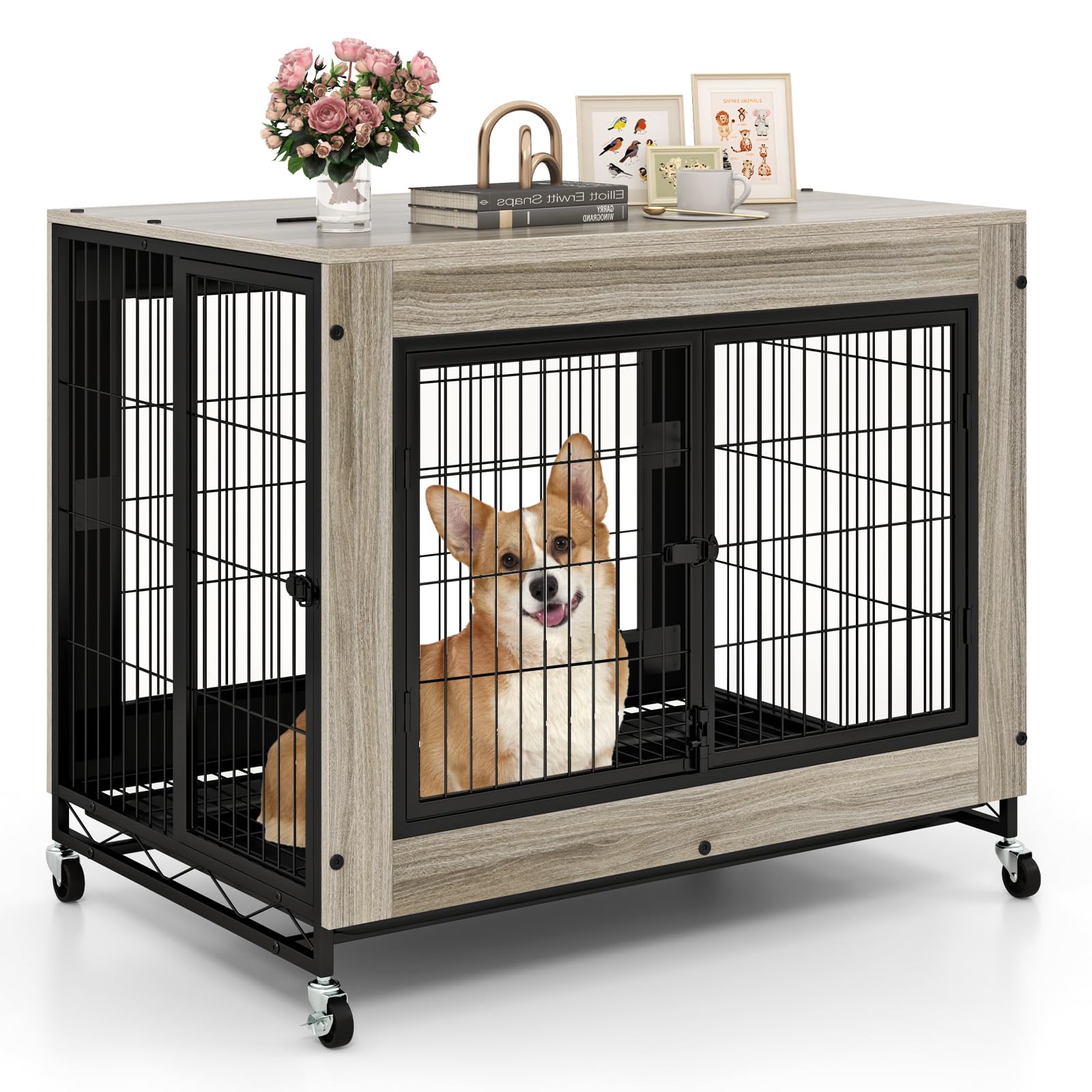 GYMAX Dog Crate Furniture, Wooden Dog Kennel on Wheels with Pull-out Tray, 3 Doors, Flip up Top Opening, Indoor Pet Kennel Side Table for Small and Medium Sized Dogs, 97 x 64 x 77 cm