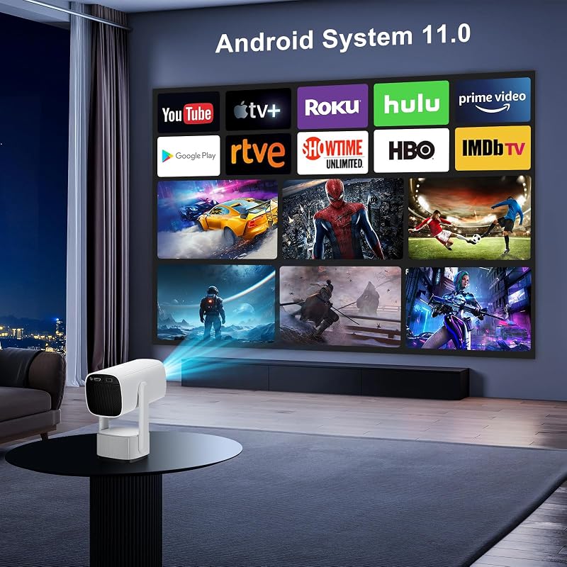 Eroshoo R1 Hordozható Mini Projektor - 10000 Lumen, 1080P, 4K Támogatás, Android TV 11.0, WiFi 6, Bluetooth 5.2, Beépített Akkumulátor, 270°