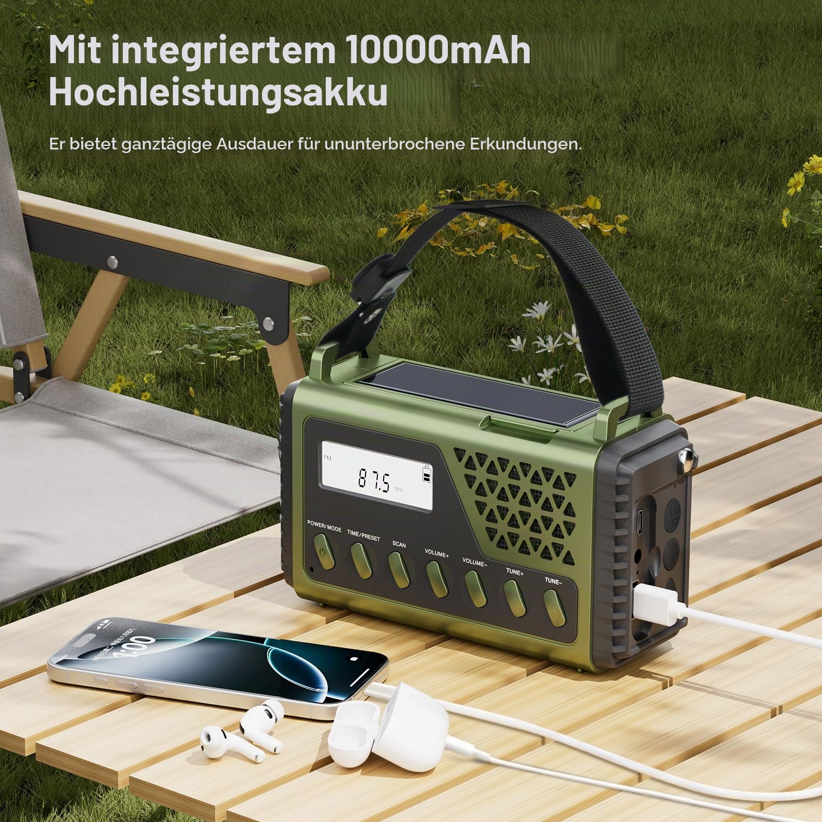 Gemmac Solar Kurbelradio mit Bluetooth, AM/FM/SW Notfallradio mit 10000mAh USB Powerbank, Radio Batteriebetrieben mit SOS Alarm Kompass LED-Taschenlampe Leselampe für Stromausfall, Überleben, Camping