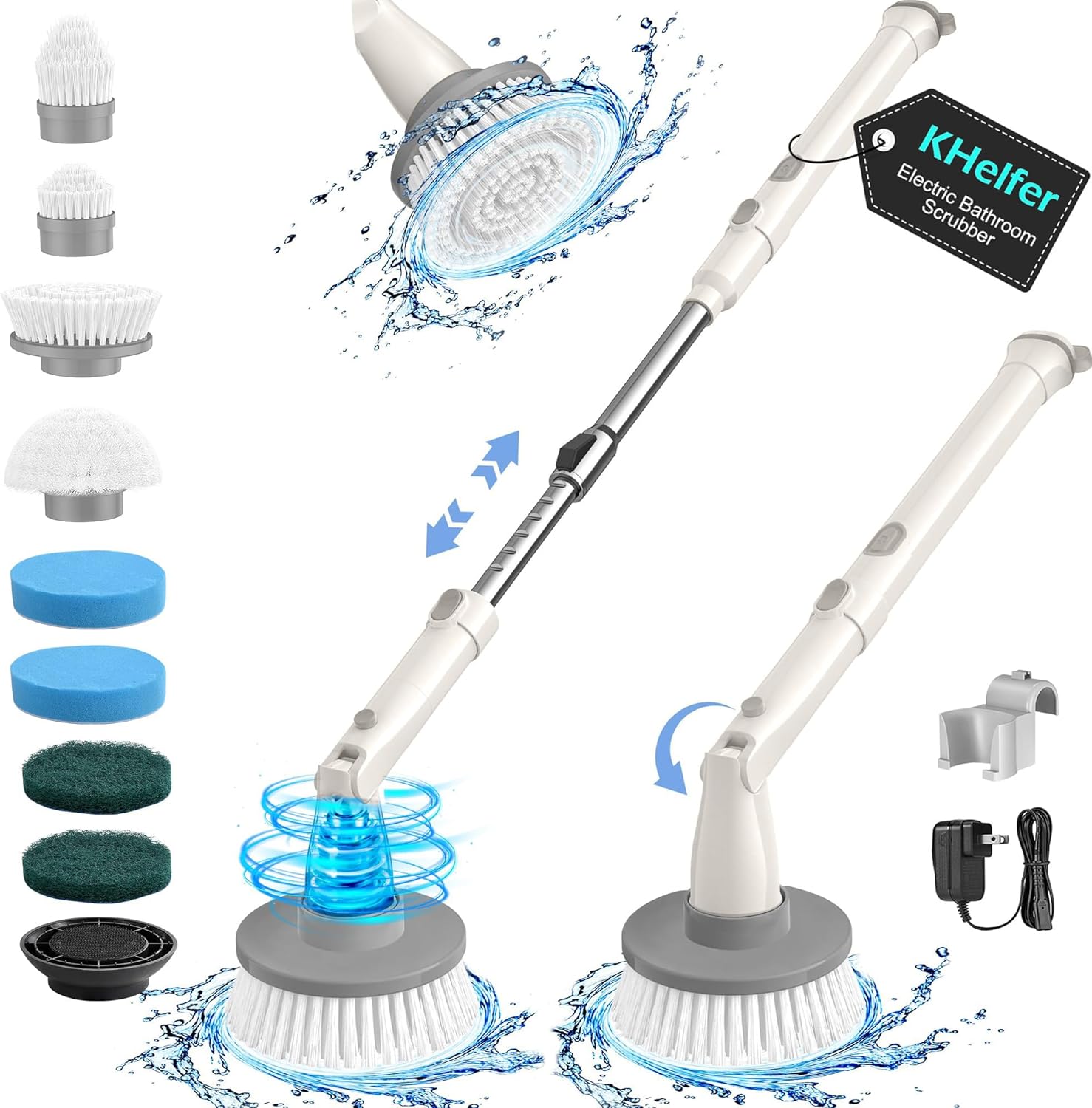 kHelfer Electric Spin Scrubber, 2025 New Shower Scrubber 8 Replacement Head, 1.5H Cordless Bathroom Scrubber Dual Speed, Shower Cleaning Brush with Extension Arm for Bathtub Tile Floor Soft Milk White