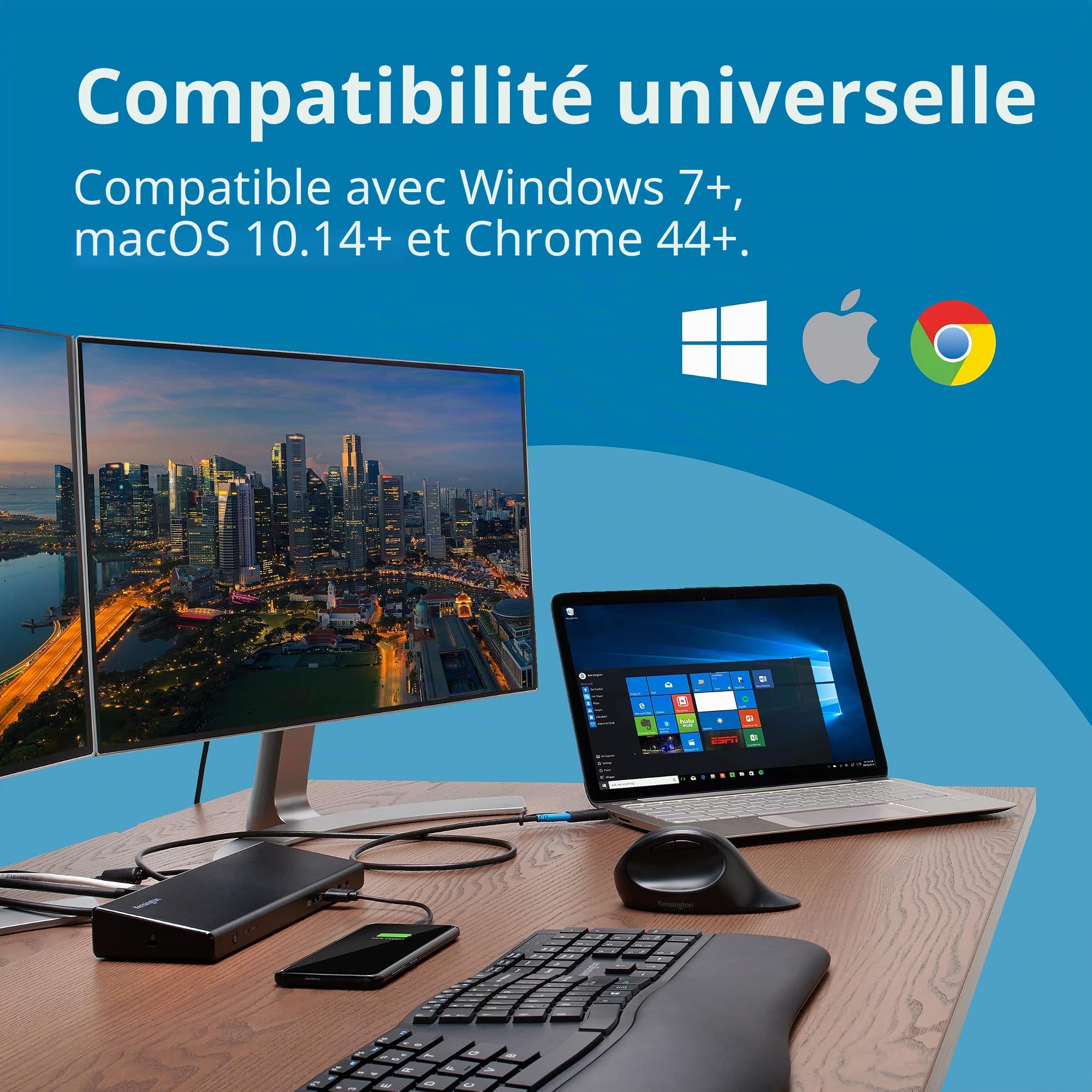 Station d'accueil Kensington USB C & USB 3.0 - SD4750P USB-C & USB 3.0 Double station d'accueil 4K avec adaptateur 135W - DP & HDMI - Win/Mac (K39105EU)