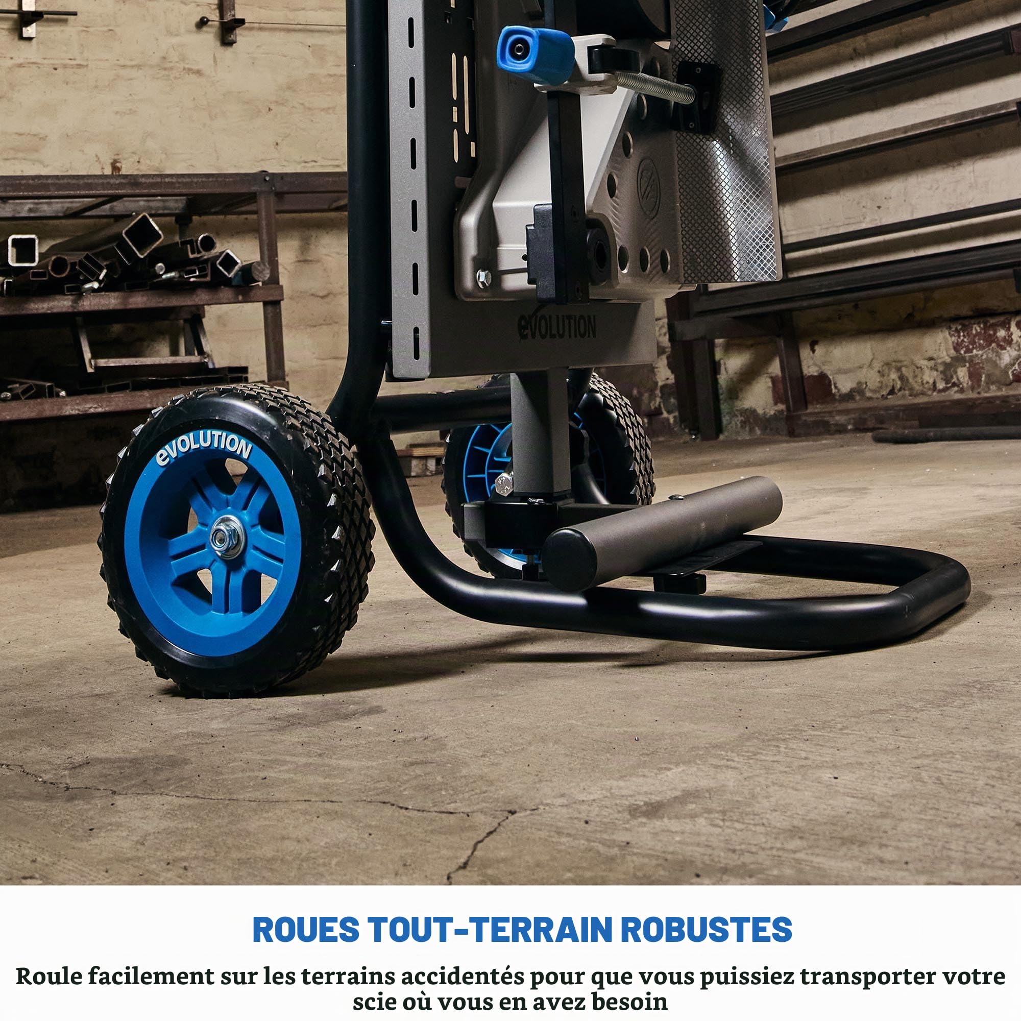 Evolution Power Tools, Support MCS, Support pour scie à onglet avec assistance Powerlift | Châssis en acier robuste, roues tout-terrain, compatible avec Evolution S355CPS, R355CPS