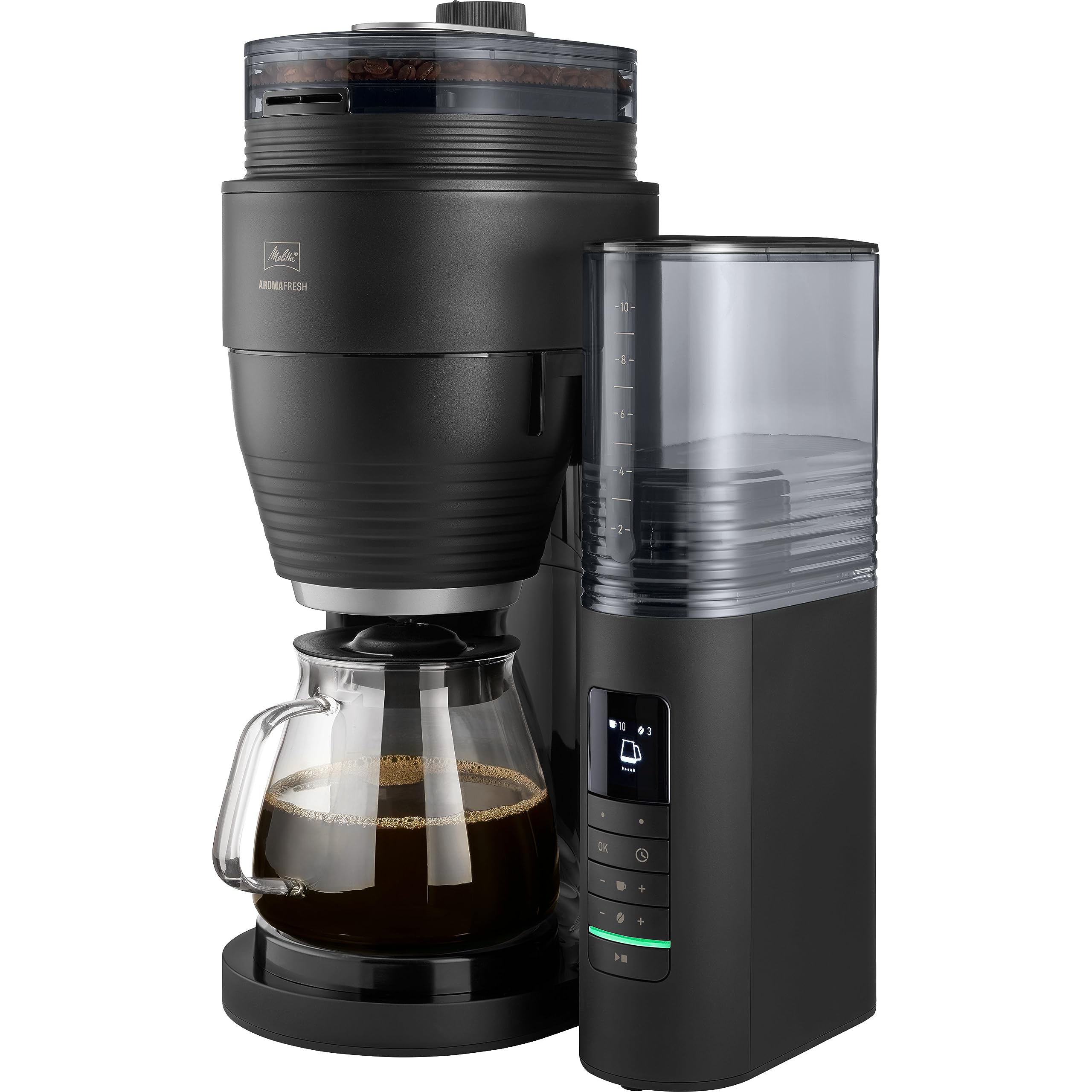 Melitta AromaFresh Pro X - Macchina da caffè con macina, macchina da caffè con filtro con caraffa in vetro e serbatoio dell'acqua rimovibile, per un massimo di 10 tazze di caffè, nero/argento