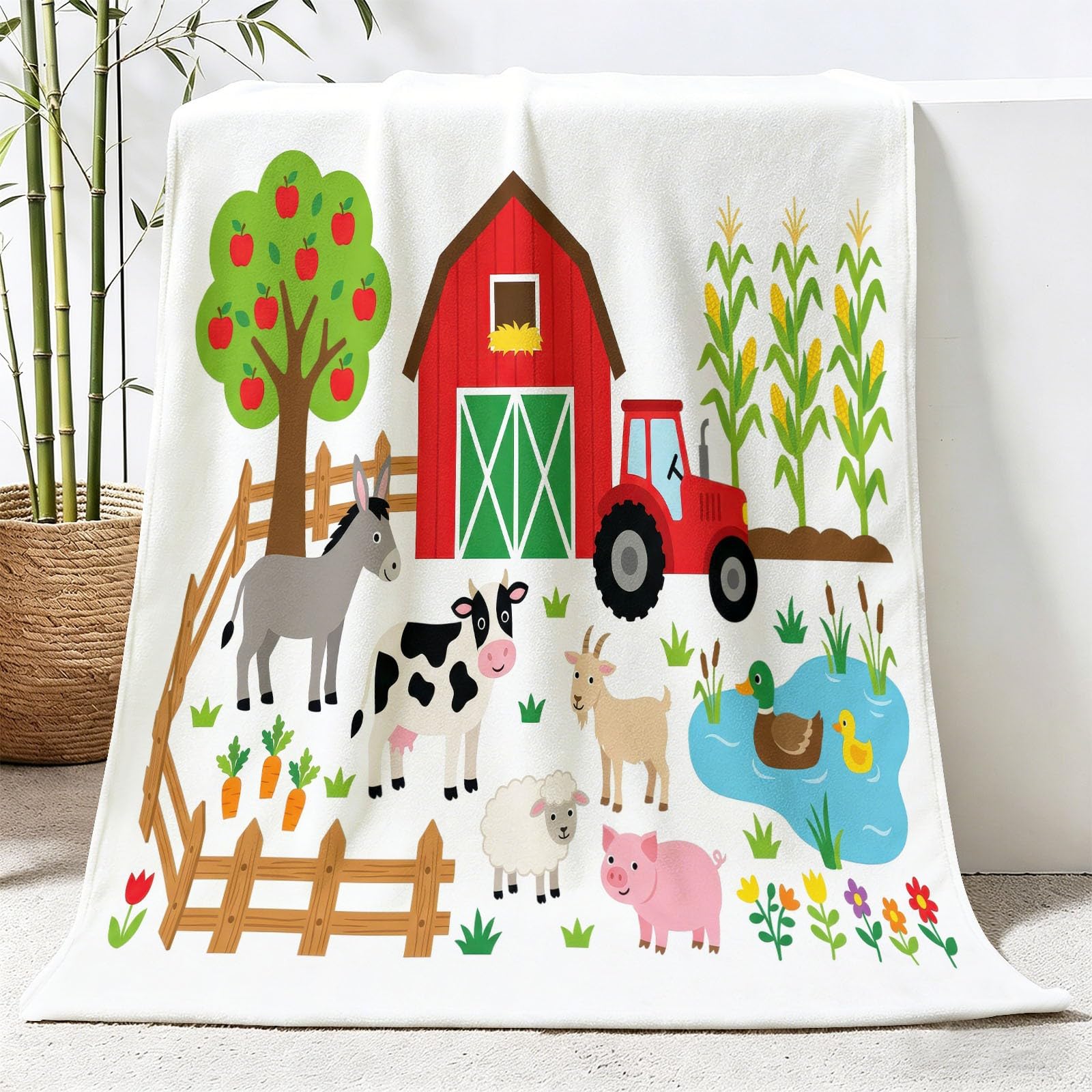 Generisch Manta suave de franela de 150 x 200 cm, con granero, cercas, animales, árboles, dibujos animados, estilo pastoral, suave manta para sofá, cama, habitación de los niños, manta como regalo