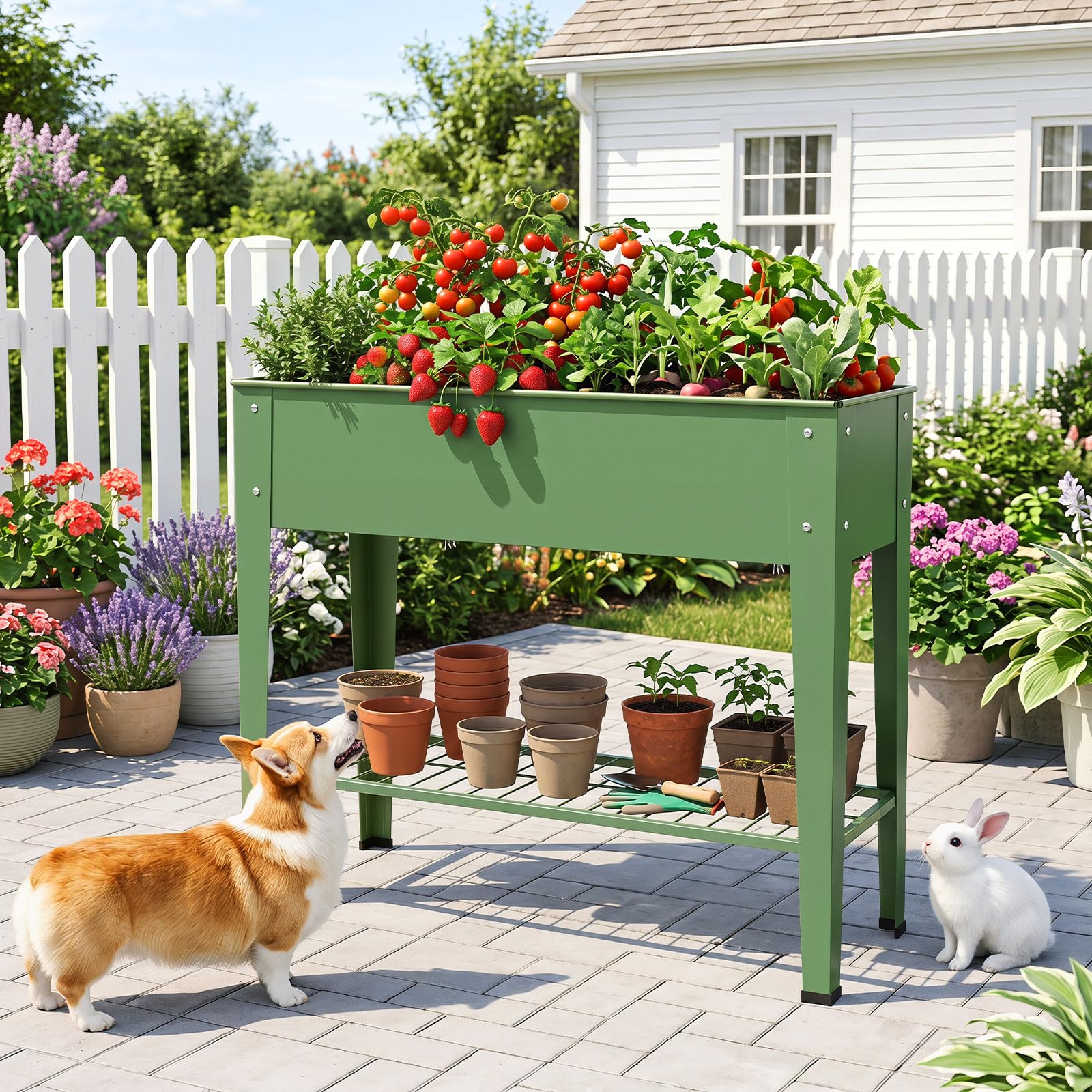 COSTWAY Huerto Urbano de Metal, Jardinera Elevada con Estanta de Almacenamiento de Malla, Agujero de Drenaje, Raised Garden Bed para Terraza Patio Jardín, 95 x 31 x 80 cm, Verde