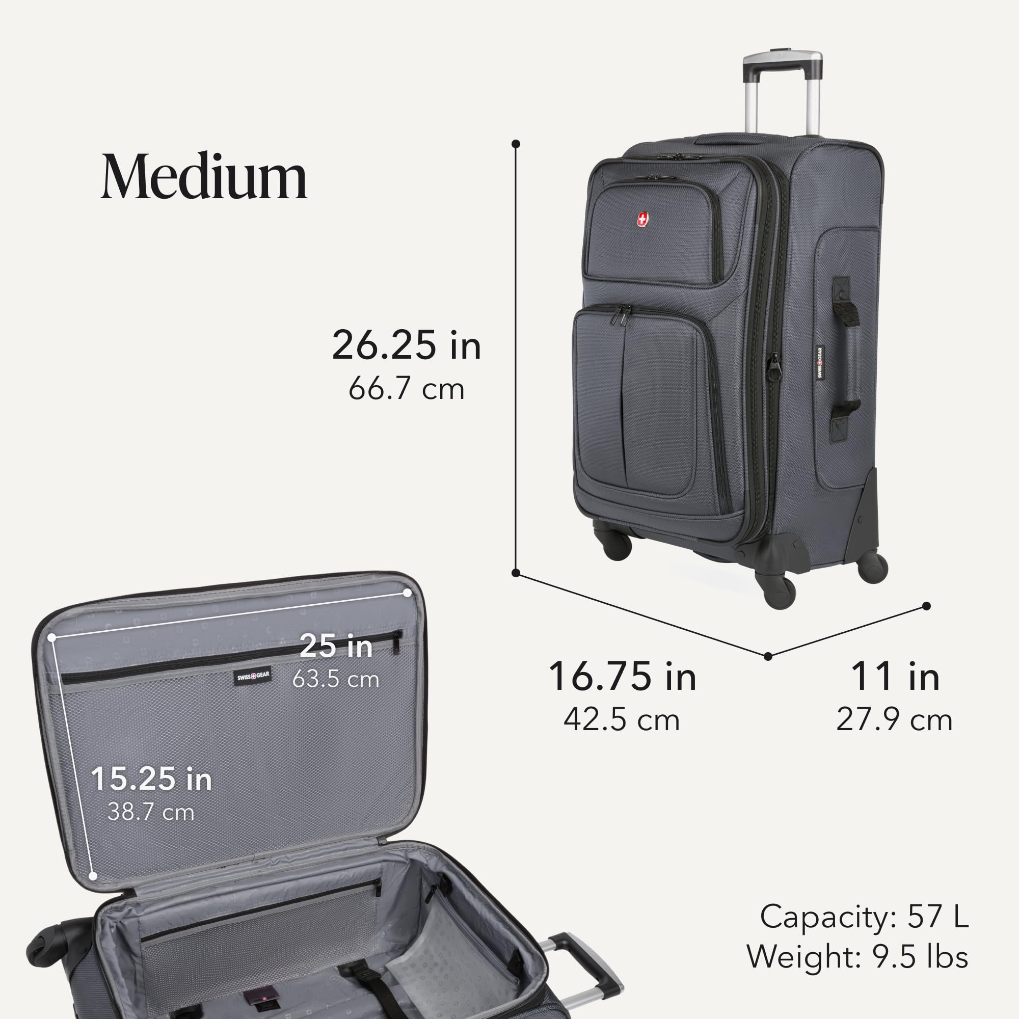 SWISSGEAR Sion Softside Expandable Spinner Luggage Durable Lightweight Travel Suitcase, Dark Grey, 2-Piece Set (Carry-On/Medium) view 3