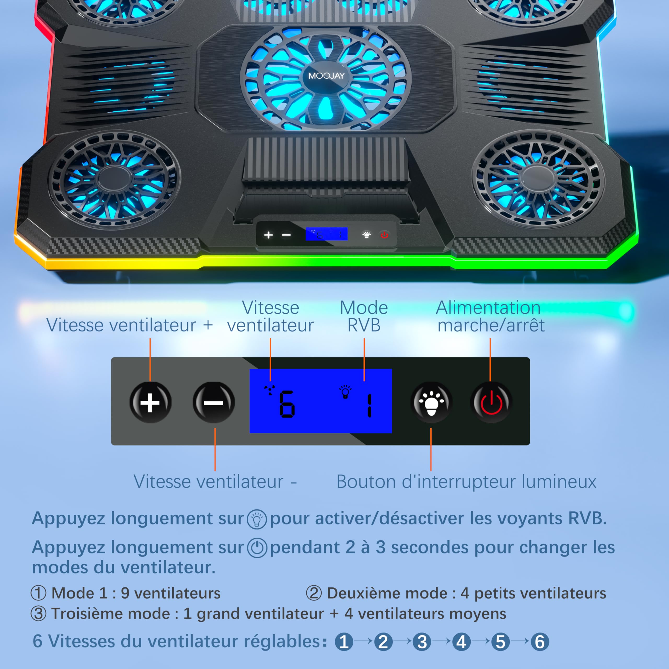 Support Refroidisseur pour Ordinateur Portable 6 Vitesses Réglables | avec 9 Ventilateurs Silencieux Compatible 14-19 Pouces, 10 Modes D'éclairage RVB, 2 Ports USB Et Support pour Téléphone