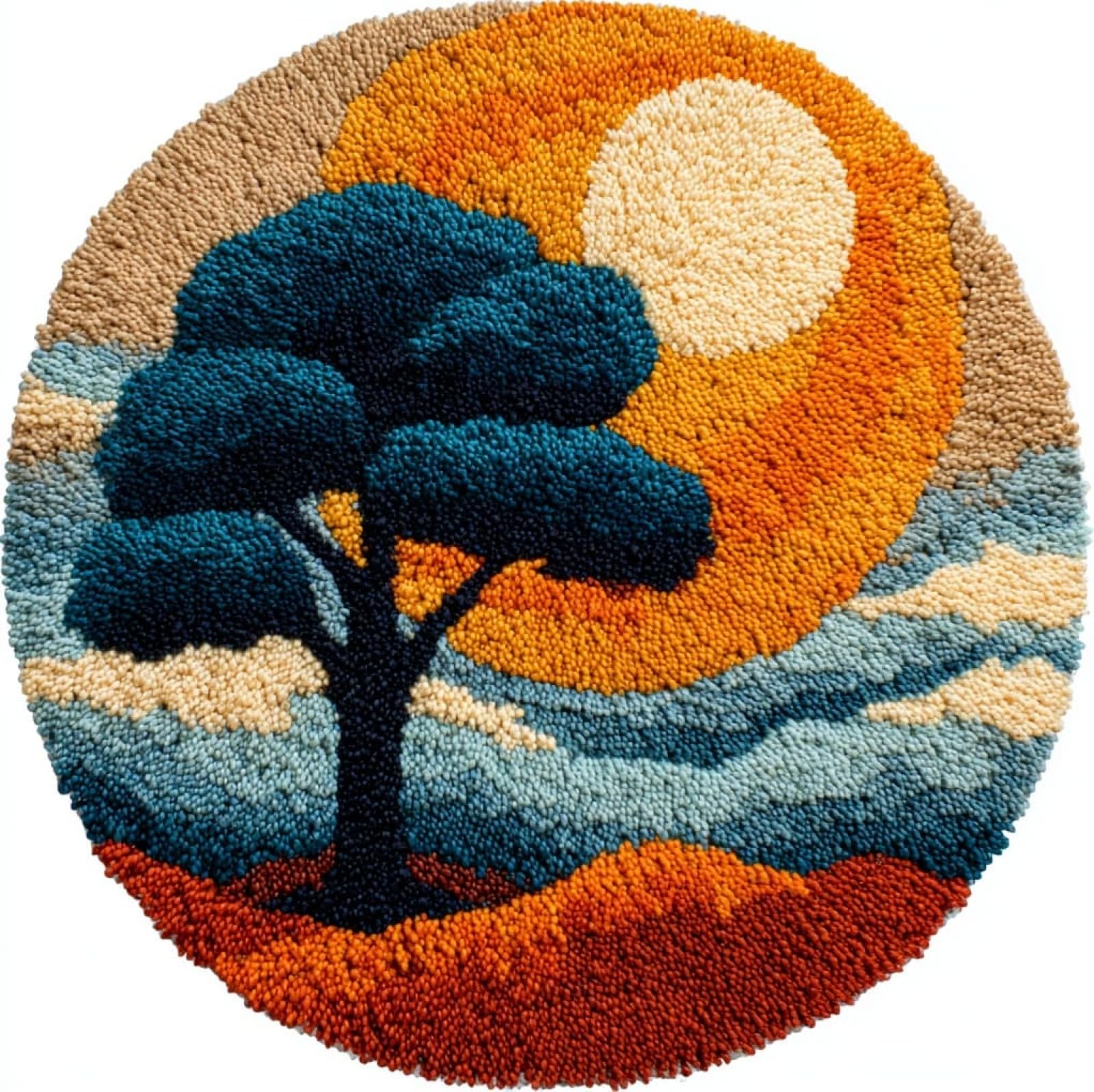 WallustrioaW Latch Hook Rug Kit,Sunset Tree Landscape,Pre-Printed Pattern Canvas Tapestry Embroidery Adults Handicrafts DIY Craft Cross Stitch Kits,50x50cm