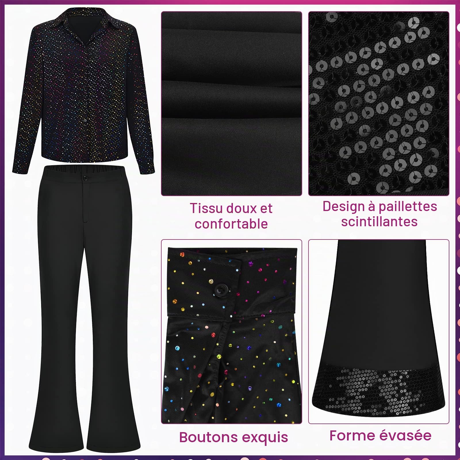 PLULON Hommes 70s Disco Costume Mec Chemise à Paillettes Cloche Bas Pantalon Ensemble avec Perruque Lunettes de Soleil Moustache Dollar Signe Chaîne Anneau Disco Accessoires