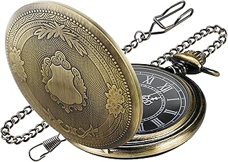 Realpoo Carved Flower Quartz Pocket Watch with Quartz Movement, Pocket Watch with Chain Clip for Men