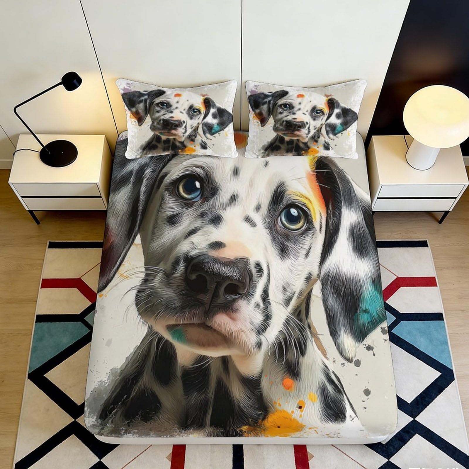 3D Printed Dalmatian Dog Fitted Sheet Microfiber Soft Breathable Art Bed Sheet for Bedroom Guest Room Mattress Protection 90x200x25cm