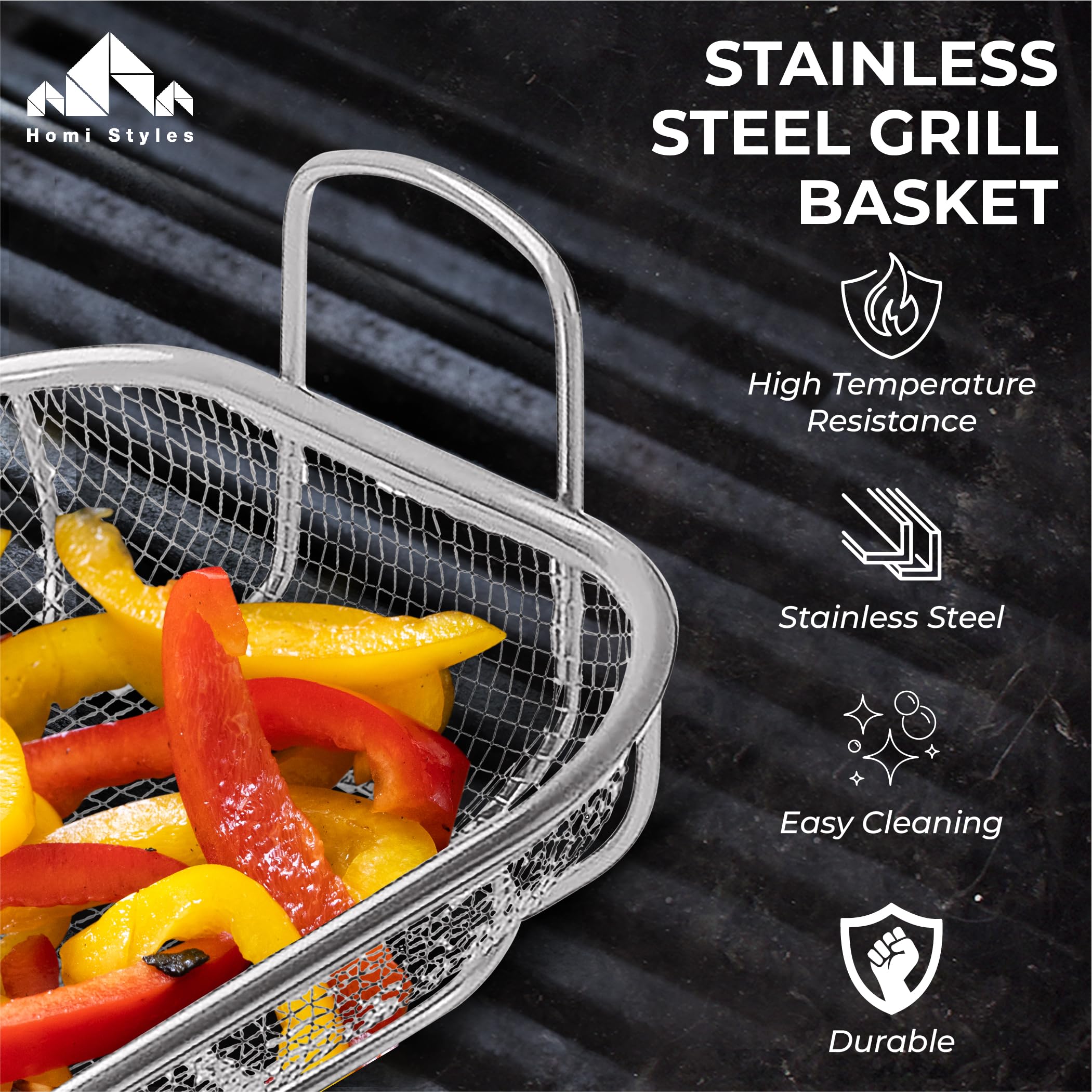 Homi Styles Grill-Gemüsekorb - 15 x 11 Zoll - Rostfreier Edelstahl Mesh Veggie Grillkorb - Silber