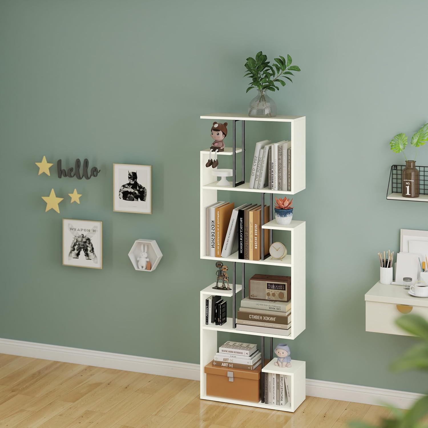 Manora 4 Tier Geometric Bookcase, S Shaped Bookshelf, Modern White Bookcase with Tall Display Shelves, Decorative Storage Shelf for Living Room and Bedroom