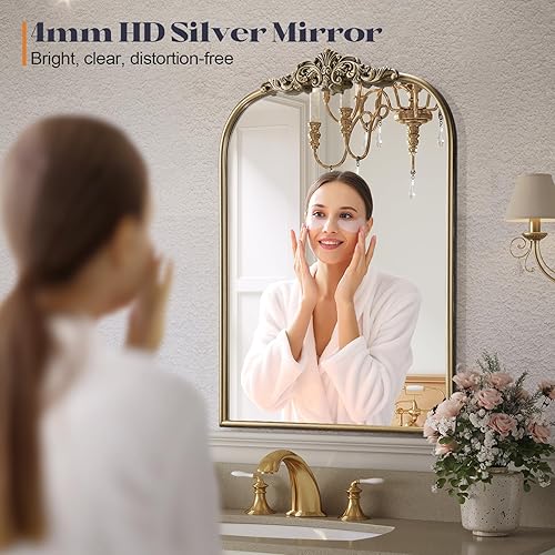 Miniatura 3 de Espejo vintage dorado, espejo antiguo de oro arqueado de 24 x 36 pulgadas para repisa de chimenea, espejos de baño de latón barroco para pared con