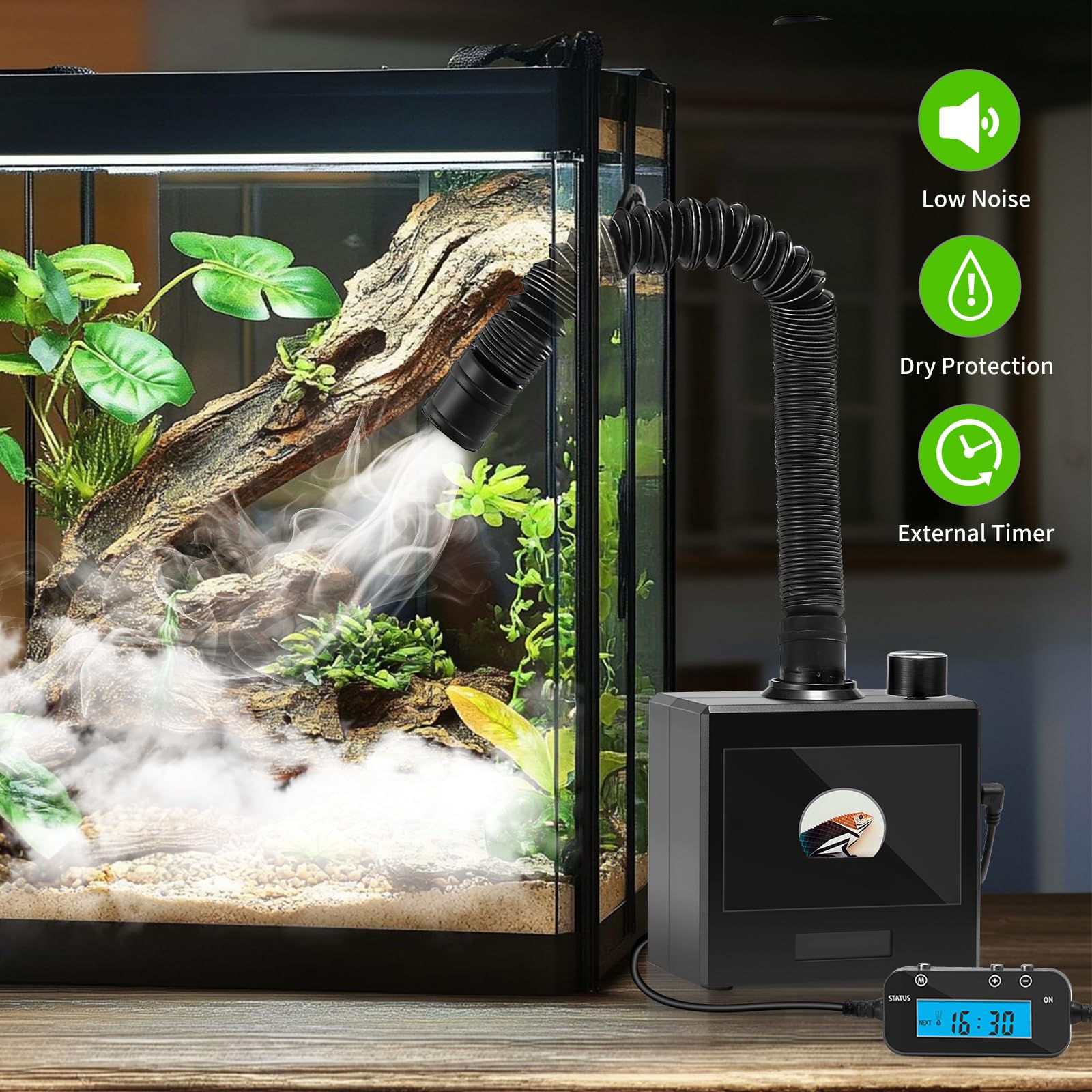 Umidificatore per rettili per terrari in vetro, sistema di nebulizzazione automatica con timer, adatto per rettili/anfibi/tende da coltivazione