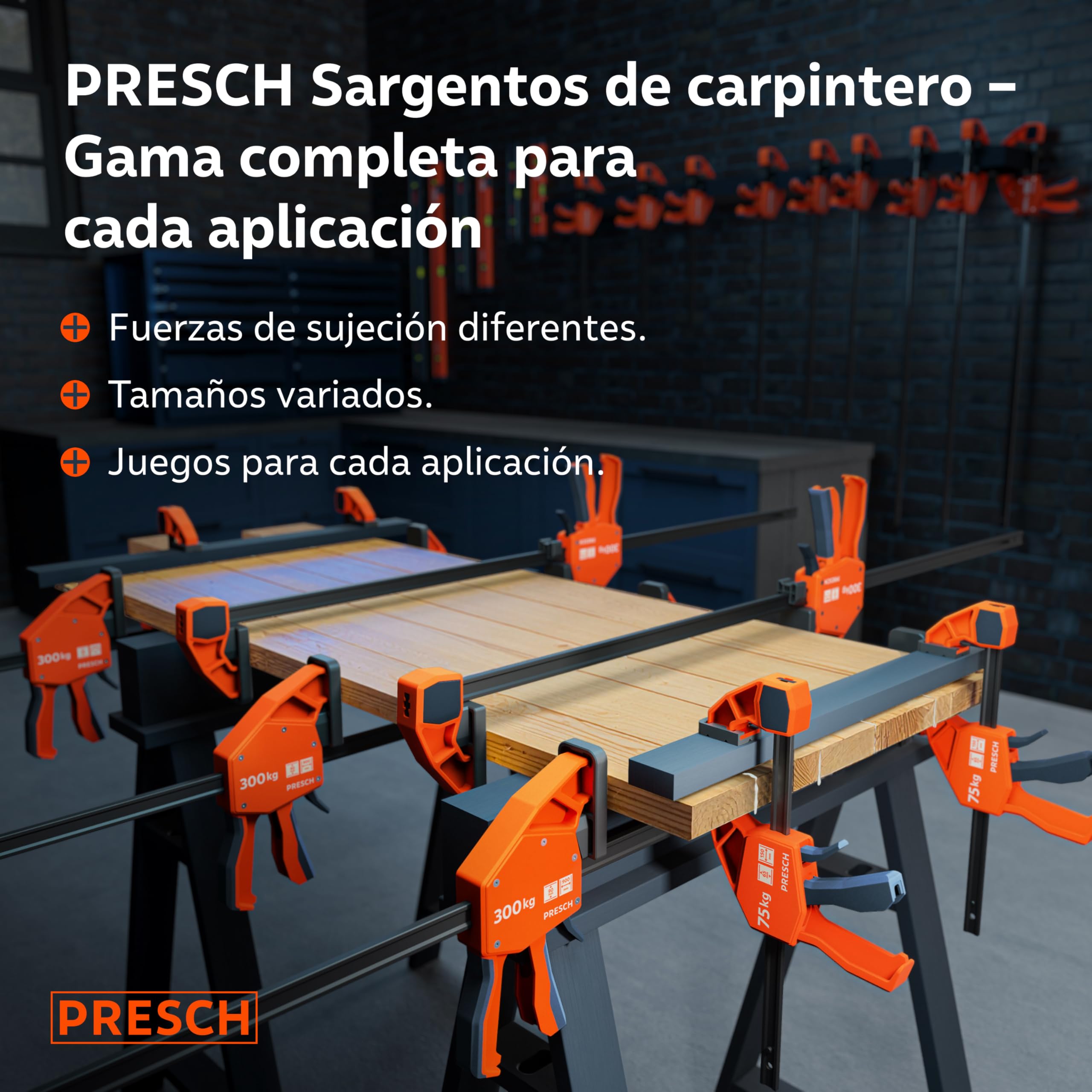 Presch Sargentos Carpintero 450mm 2 uds - Sargentos de apriete con 150 kg fuerza de sujeción - Robusto gracias al acero al carbono y al cuerpo reforzado con fibra de vidrio - Con función de expansión