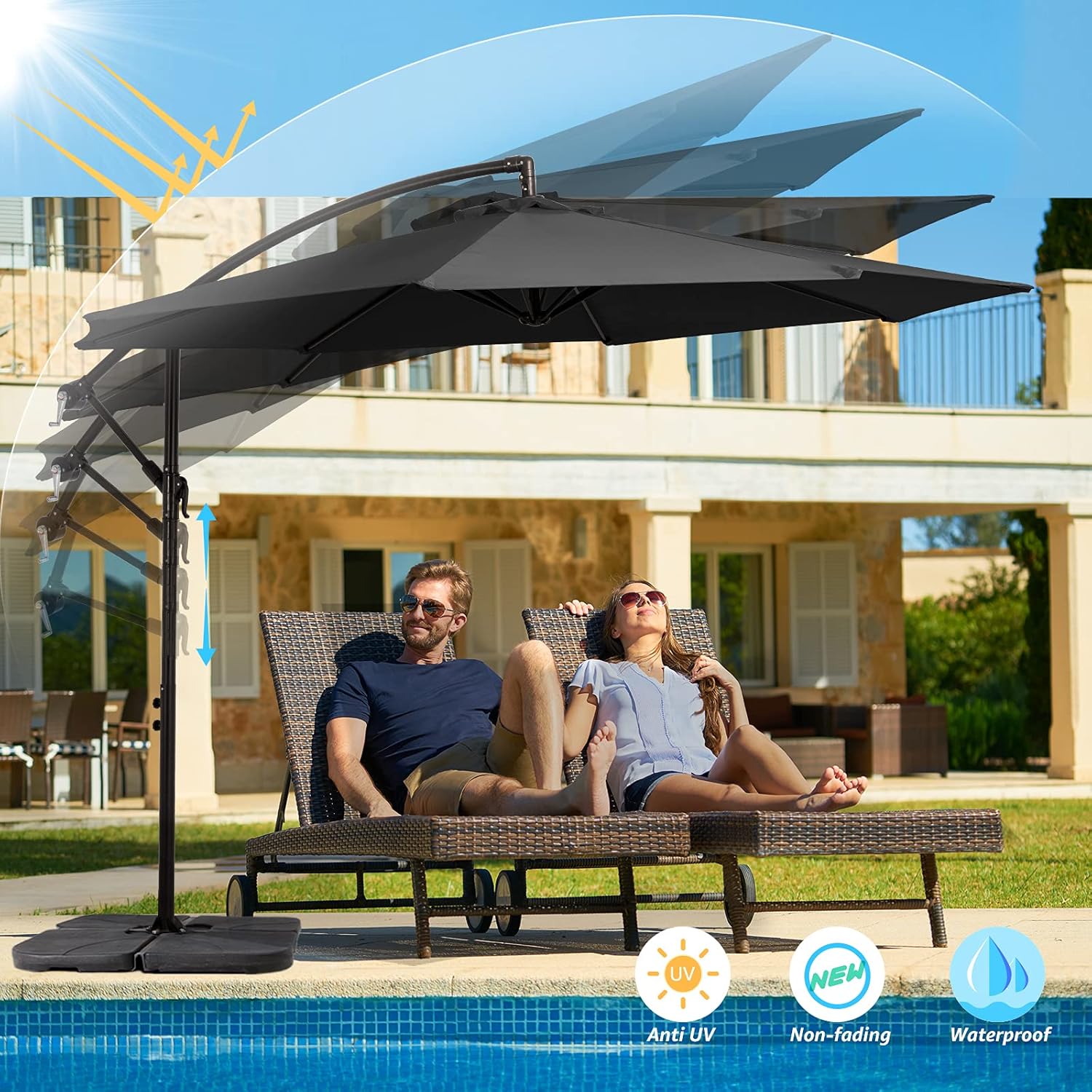 MEWAY 10ft Outdoor Umbrella Patio Offset Cantilever Umbrella, Large Market Deck Pool Backyard Garden Umbrella with 8 Sturdy Ribs, Crank & Cross Base