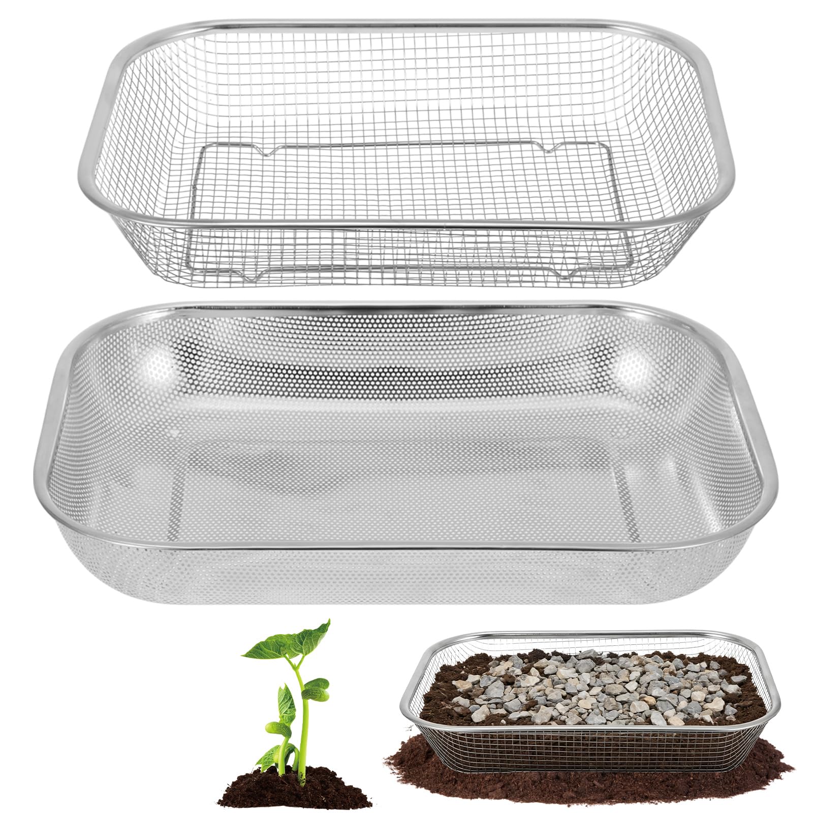 Anmrept 2 Pcs Garden Soil Sieve 2mm and 6 mm Mesh Stainless Steel Compost Sieves Metal Rock Soil Sifter Large Gardening Dirt Sifter Potting Riddle Mesh for Stones Sand Seed Compost