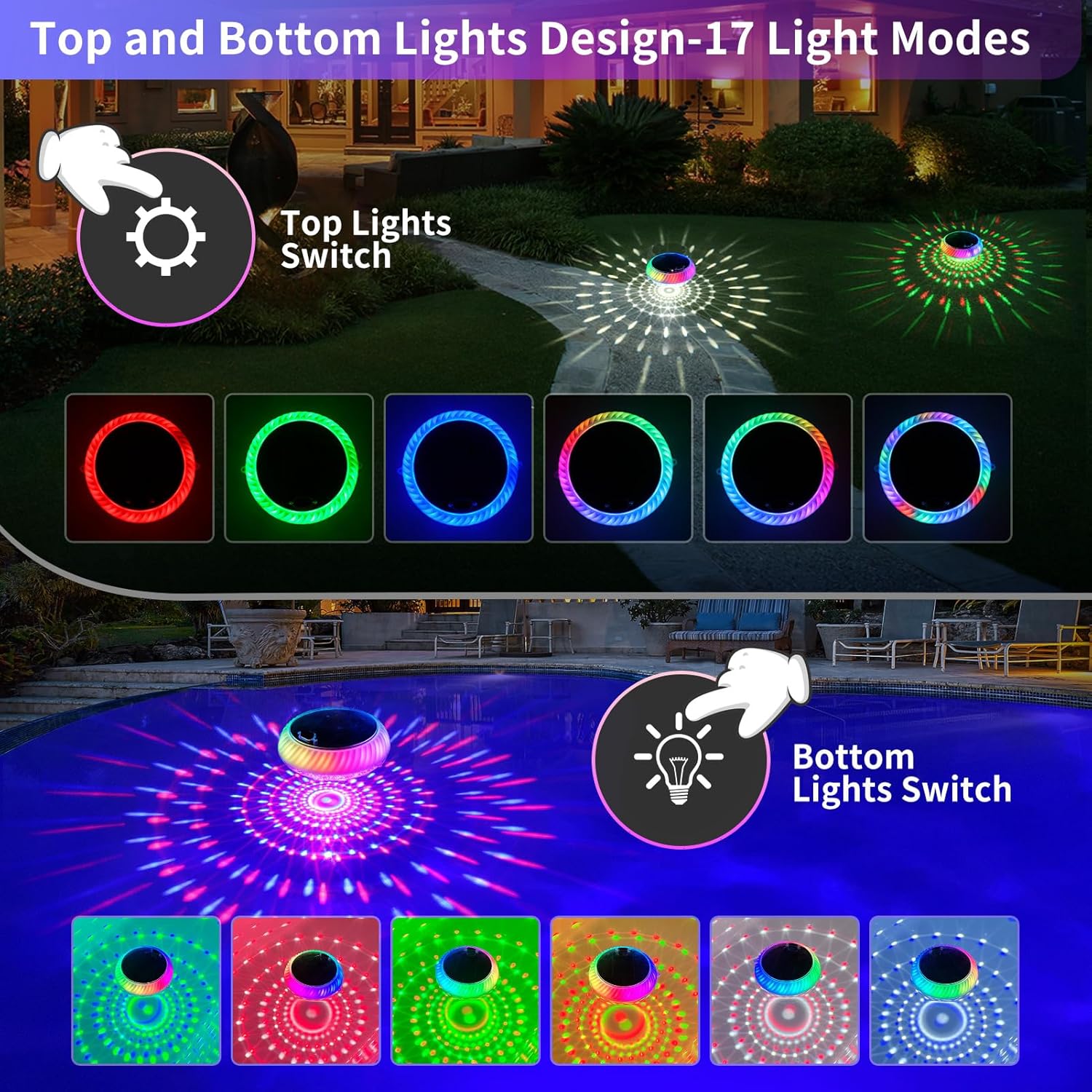 FirstE Solar Floating Pool Lights, 7.6" Dynamic Upper and Lower RGB Color Changing Floating Lights for Pool, IP68 Waterproof Solar Pool Light that Float Decor Hot Tub Party Wedding Pond Garden Yard