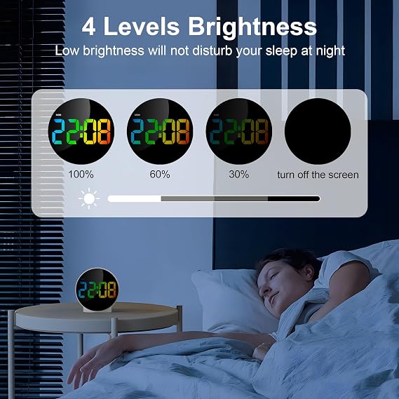 Lafocuse LED Colorful Digital Alarm Clock Battery Operated, Modern Round Digital Clock with 2 Alarms, Snooze, Adjustable Brightness, Curved Screen Design Bedside Alarm Clock for Bedroom Office