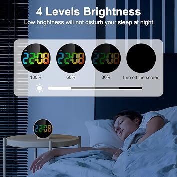 Lafocuse LED Colorful Digital Alarm Clock Battery Operated, Modern Round Digital Clock with 2 Alarms, Snooze, Adjustable Brightness, Curved Screen Design Bedside Alarm Clock for Bedroom Office