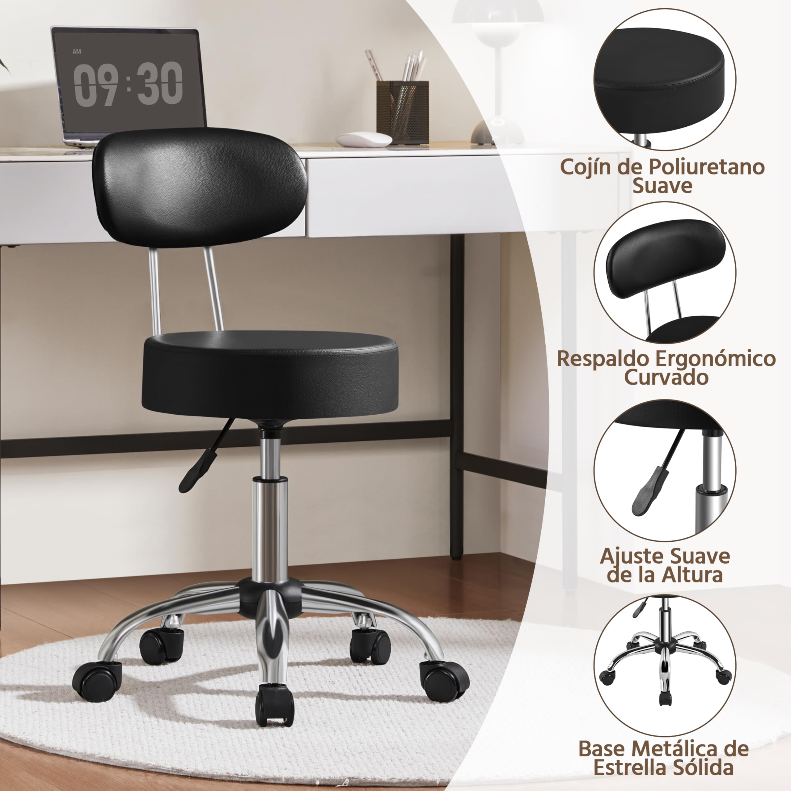 Yaheetech Taburete Giratorio Taburete con Ruedas y Respaldo con Altura Regulable 75.5-85 cm Asiento Tapizado de Polipiel Sintético para Oficina Dormitorio Negro