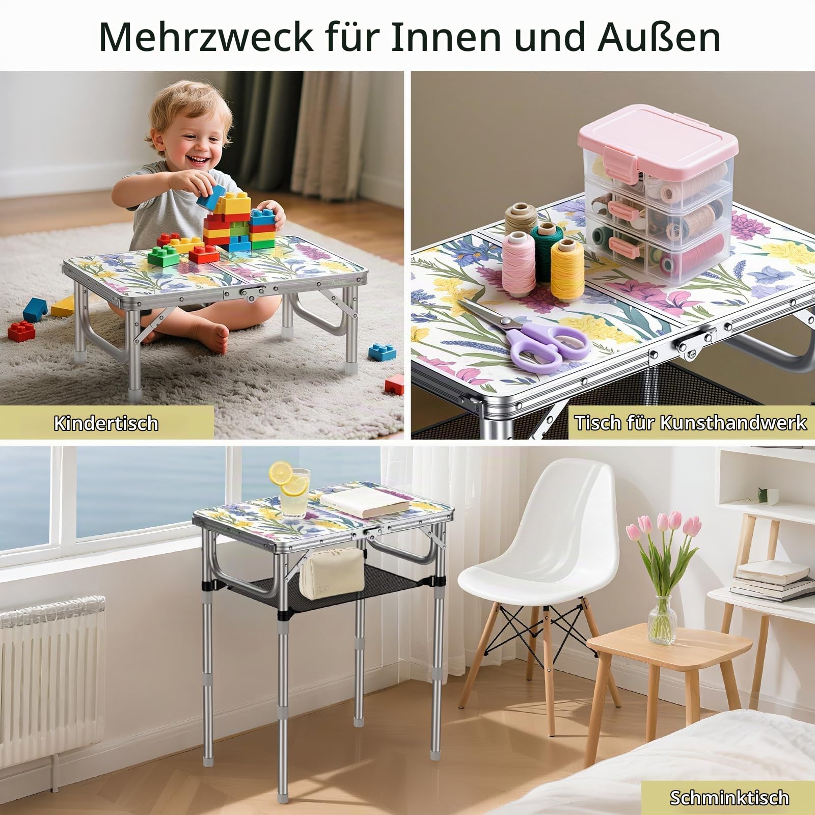Anbte Campingtisch 58x40cm mit 3 Höhenverstellbar 26/48/70cm, Leicht | Tragbar Picknicktisch mit Aluminium Rahmen & MDF-Tischplatte Blühende Blumen, Kleine Klapptisch für Camping Strand Balkon