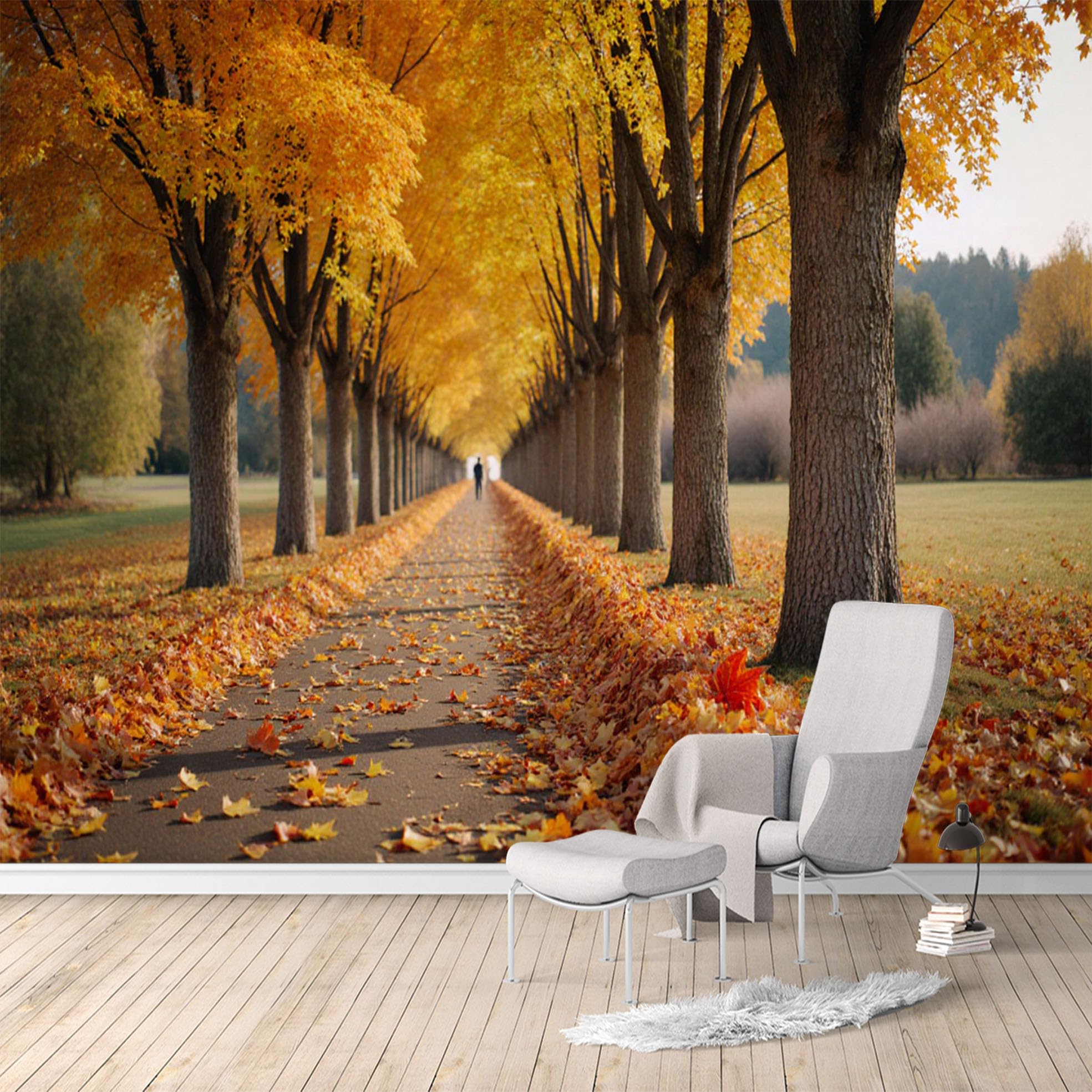 Custom Size Wall Murals, Autumn Tree Lined Path & Fallen Leaves, SelfAdhesive Water Activated Removable Wall Covering, Large Photo Wallpaper for Living Room Bedroom Office
