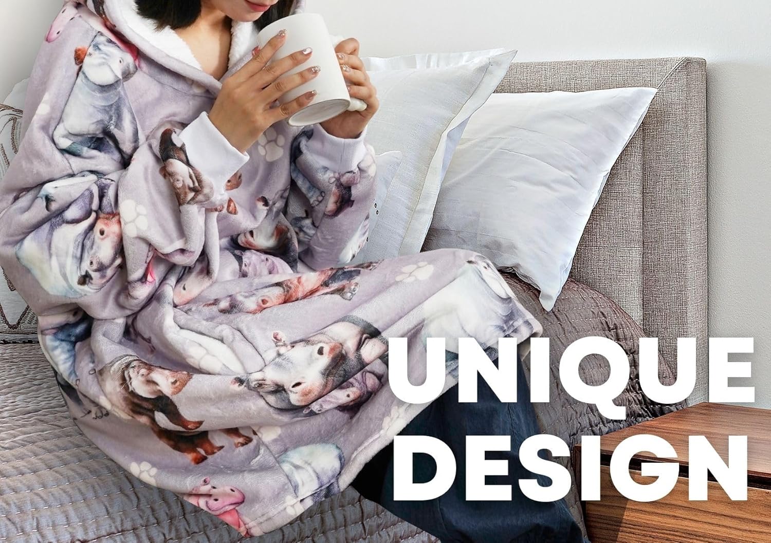 Hippo Gifts for Girls Women, Hippopotamus Wearable Flannel Blanket Hoodie, Oversized Hooded Sweatshirt, One Size - Image 2